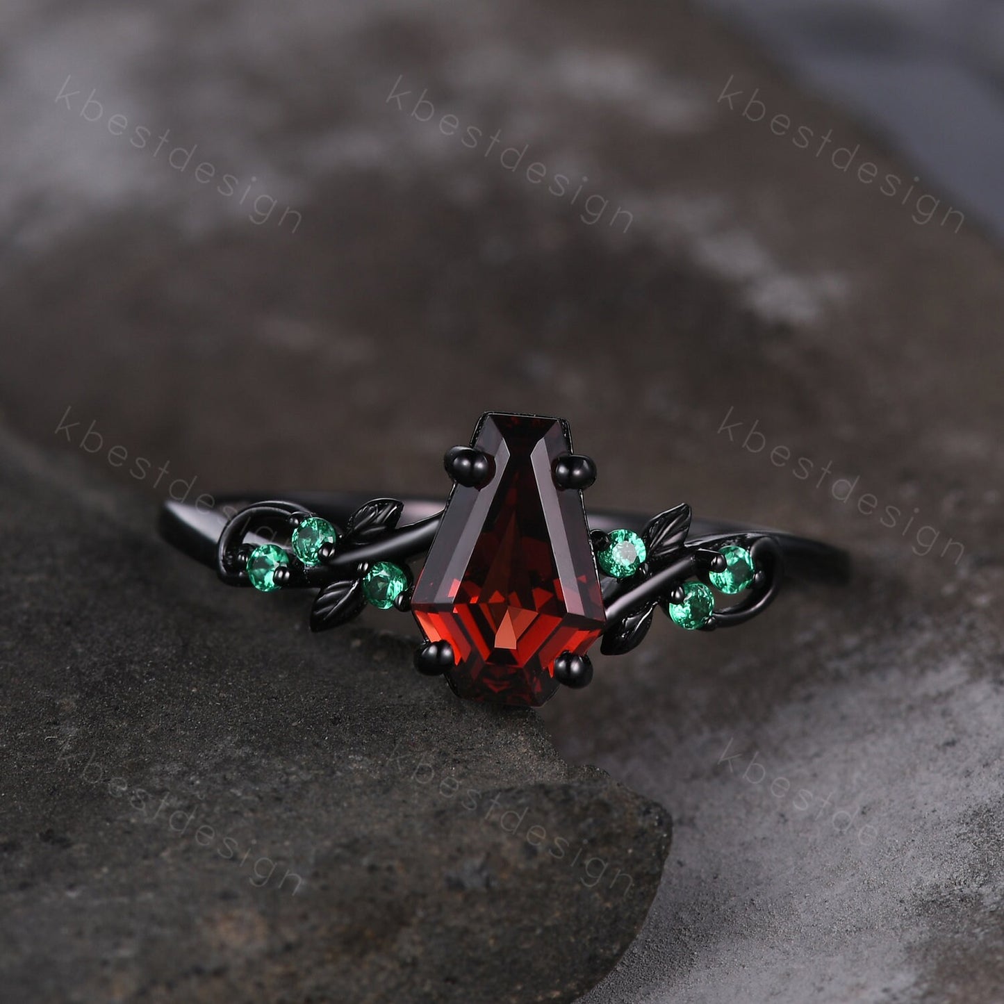 Coffin cut garnet engagement ring Gothic Black gold ring Art deco leaf design emerald wedding ring nature inspired ring bridal promise ring