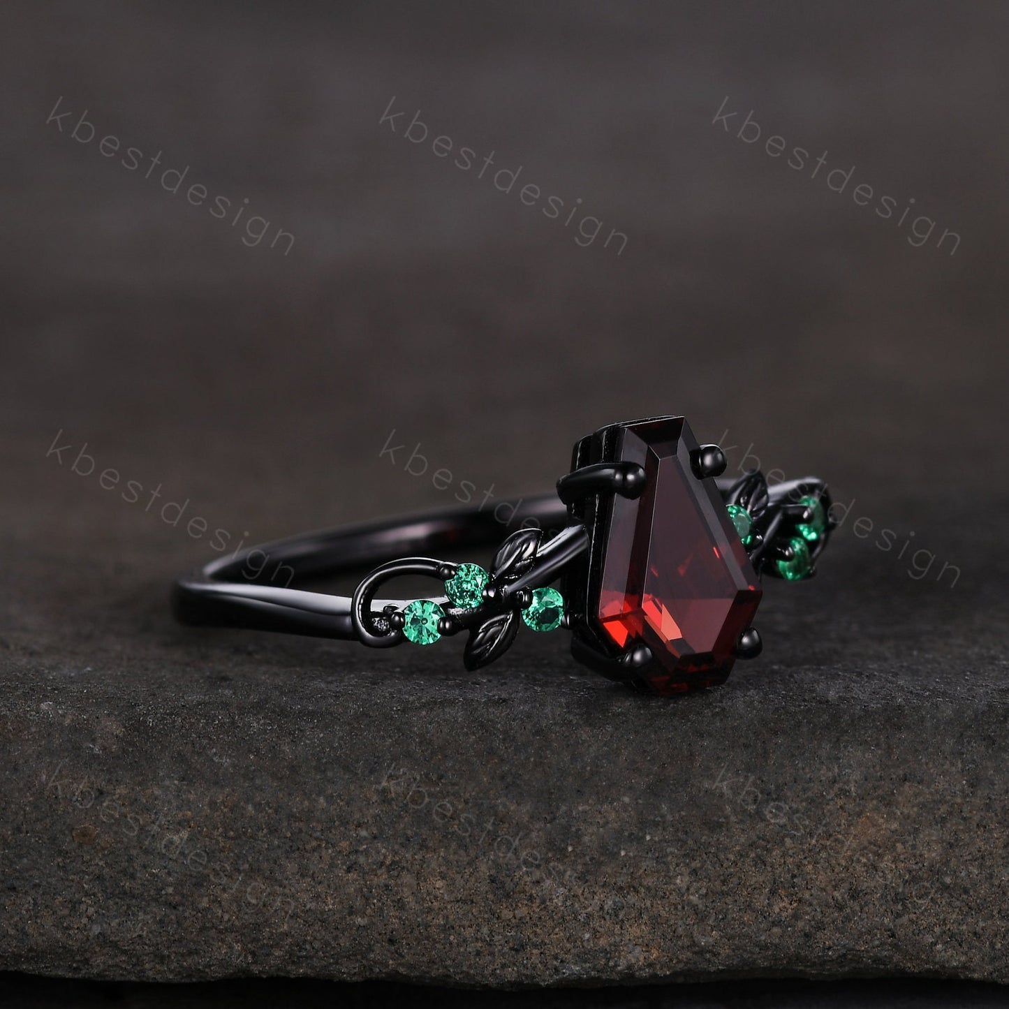 Coffin cut garnet engagement ring Gothic Black gold ring Art deco leaf design emerald wedding ring nature inspired ring bridal promise ring
