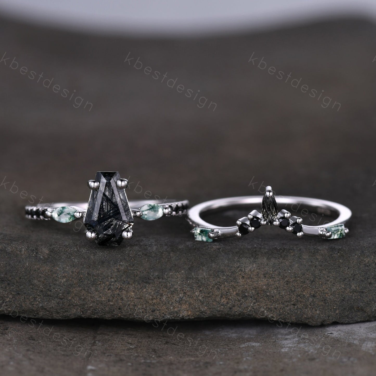 Coffin shaped black rutilated quartz engagement ring set unique curved moss agate wedding ring black ring vintage bridal wedding ring set