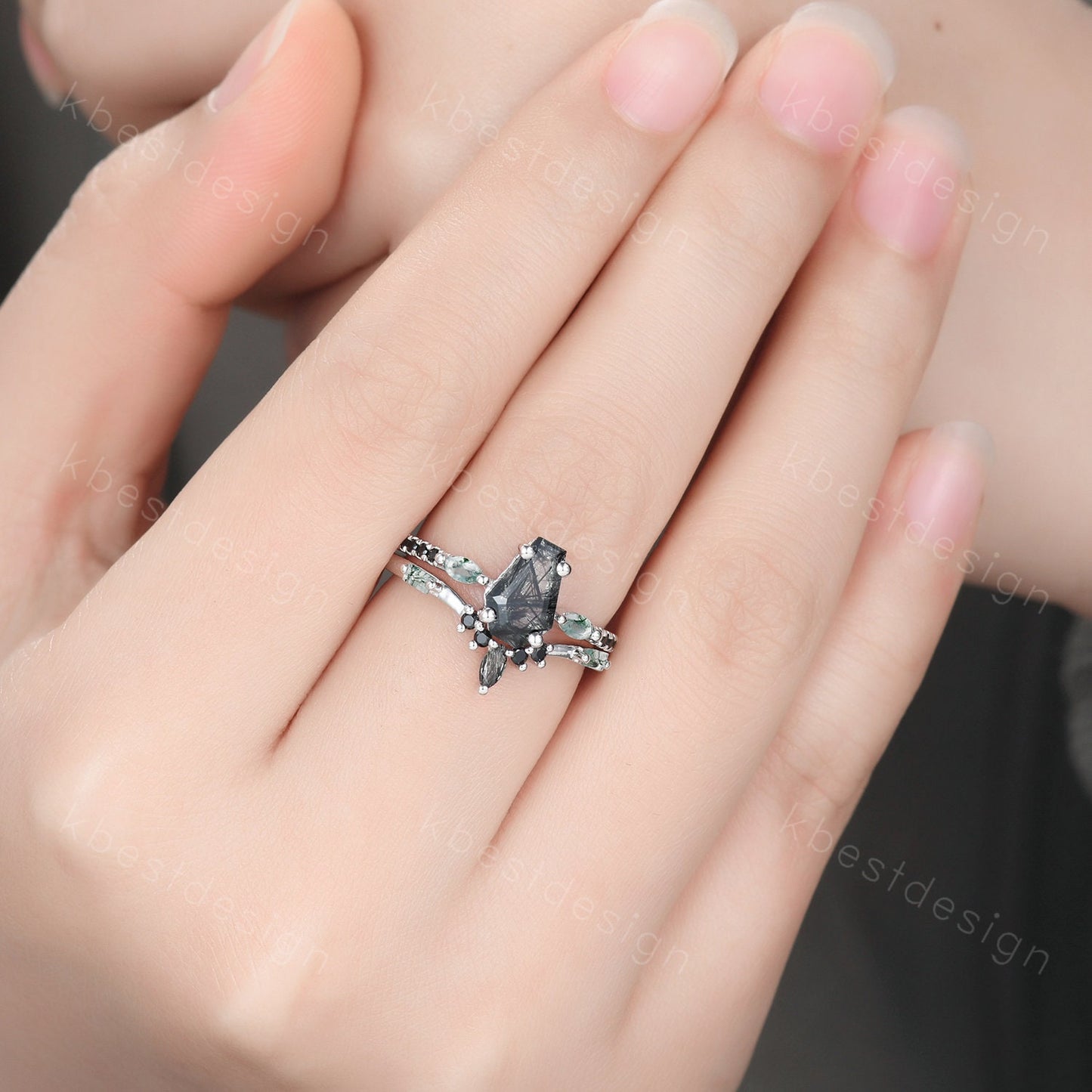 Coffin shaped black rutilated quartz engagement ring set unique curved moss agate wedding ring black ring vintage bridal wedding ring set