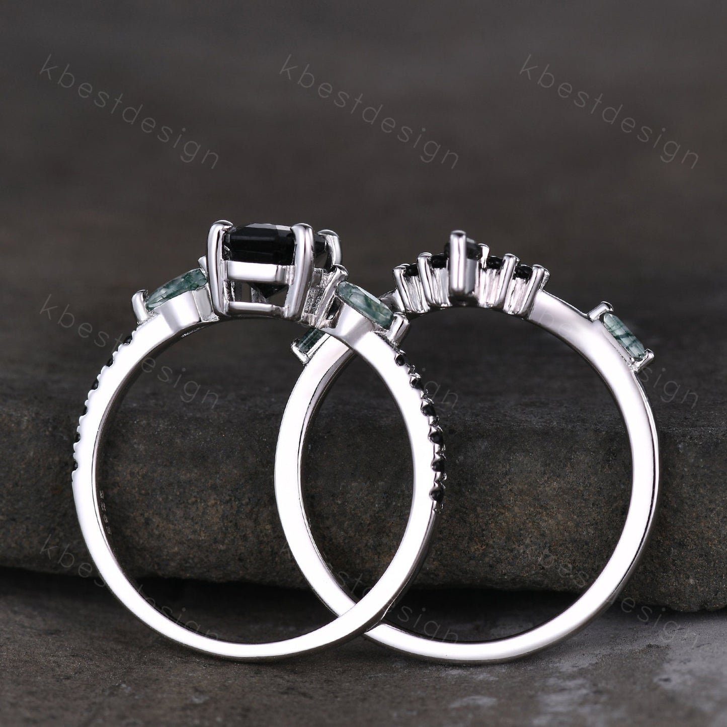 Coffin shaped black rutilated quartz engagement ring set unique curved moss agate wedding ring black ring vintage bridal wedding ring set