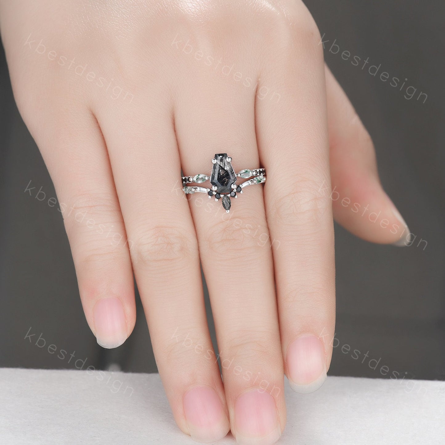 Coffin shaped black rutilated quartz engagement ring set unique curved moss agate wedding ring black ring vintage bridal wedding ring set