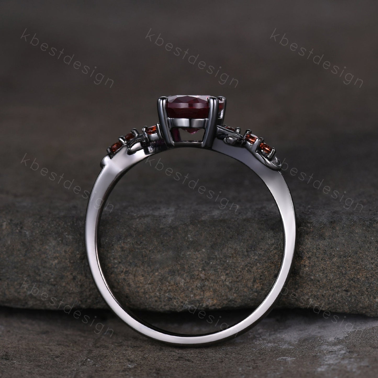 Vintage oval ruby engagement ring Black gold ring Art deco leaf design garnet wedding ring nature inspired ring bridal promise ring gift