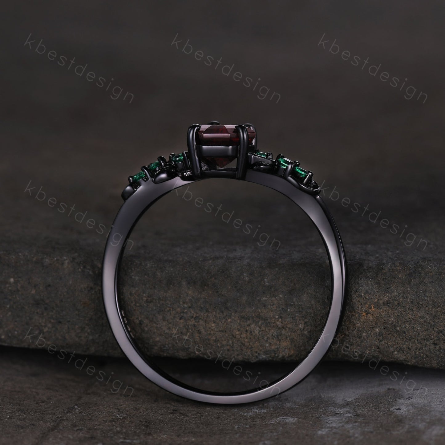 Coffin cut black onyx engagement ring Black gold ring Art deco leaf design emerald wedding ring nature inspired ring bridal promise ring