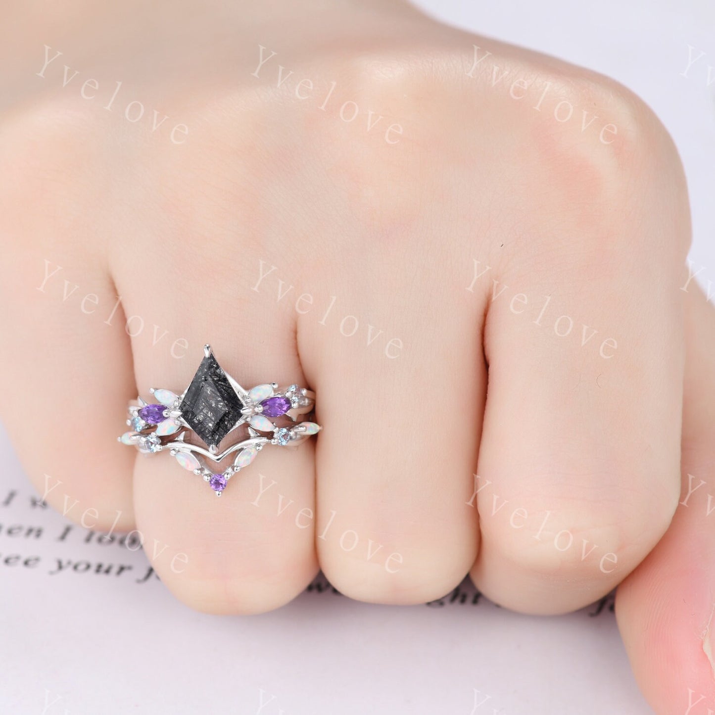 Vintage Kite Black Rutilated Quartz Engagement Ring,14k White Gold,Vines Amethyst Opal Ring,Women Bridal Set,Unique Twig Promise Ring Gift
