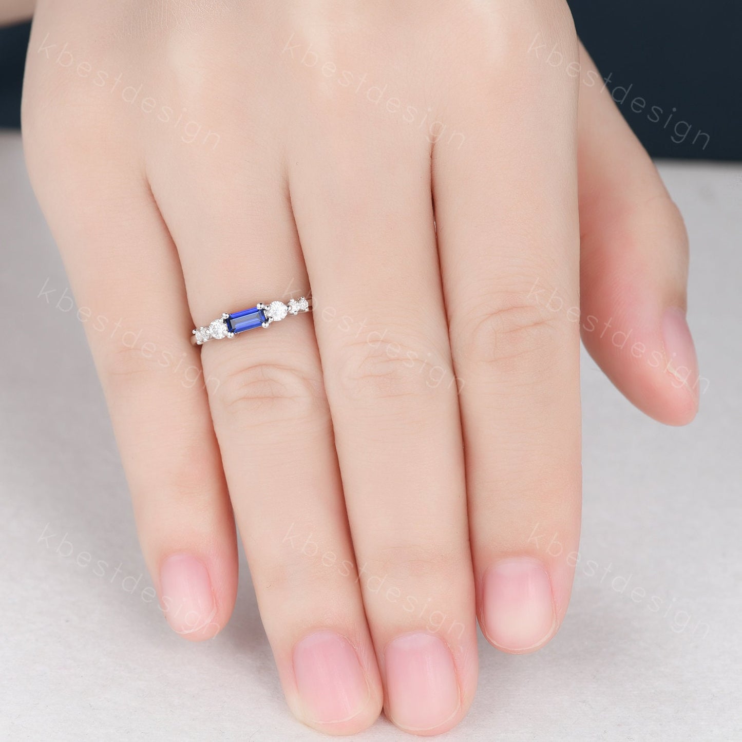 Baguette cut Blue Sapphire Wedding Band Unique 6 Stone Wedding Band Antique Moissanite Ring Minimalist Bridal Matching Stackable band