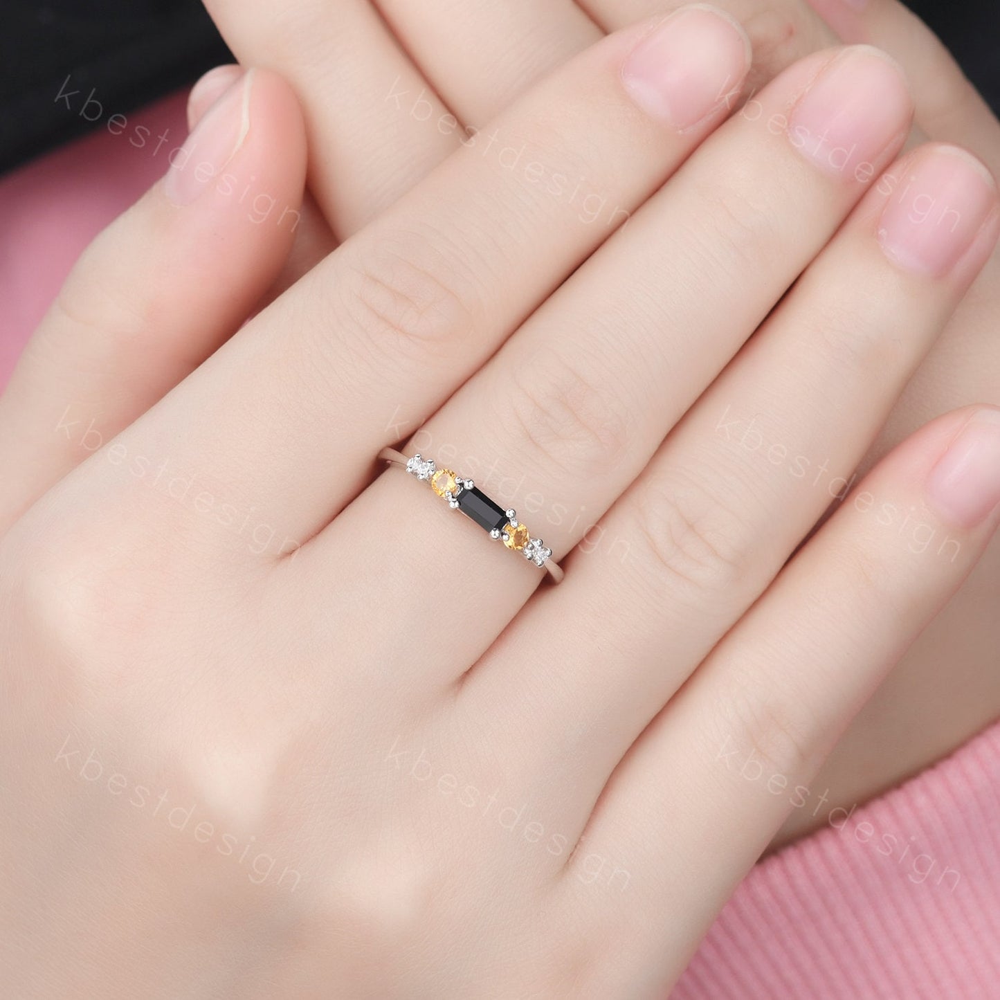 Unique black onyx wedding band sterling silver baguette cut band dainty citrine wedding ring gemstone stacking matching band gift for her