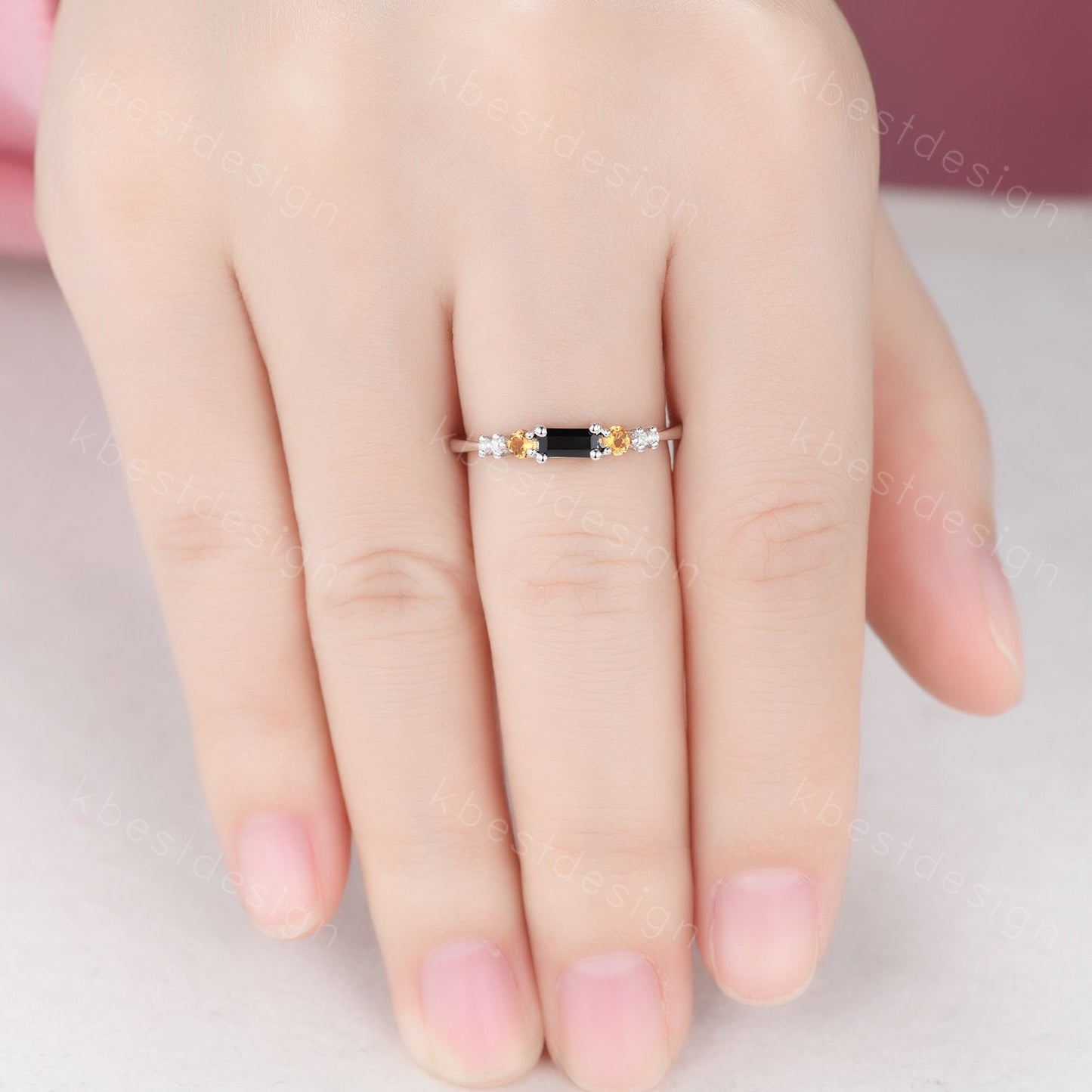 Unique black onyx wedding band sterling silver baguette cut band dainty citrine wedding ring gemstone stacking matching band gift for her