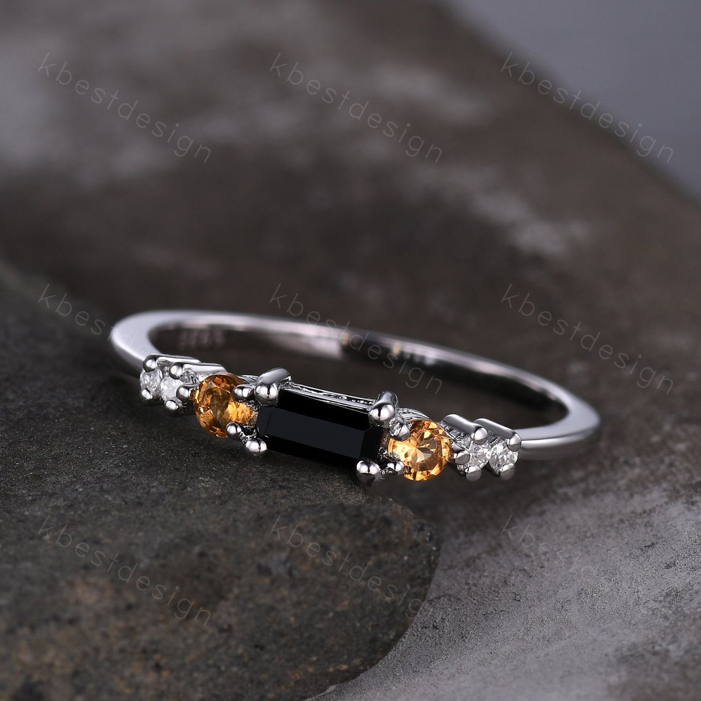 Unique black onyx wedding band sterling silver baguette cut band dainty citrine wedding ring gemstone stacking matching band gift for her