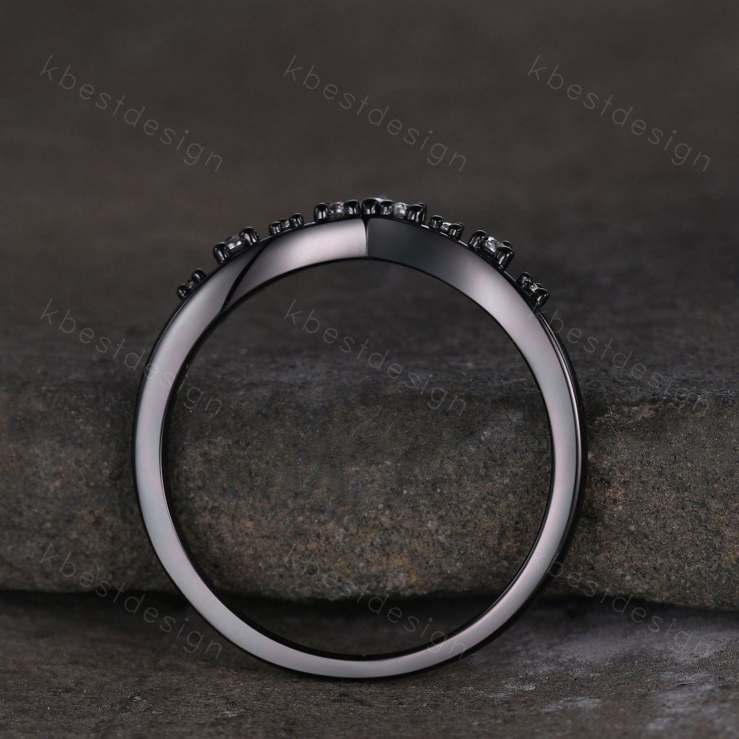 Curved moissanite wedding band black gold ring for women unique marquise cut stacking matching band delicate chevron ring anniversary ring