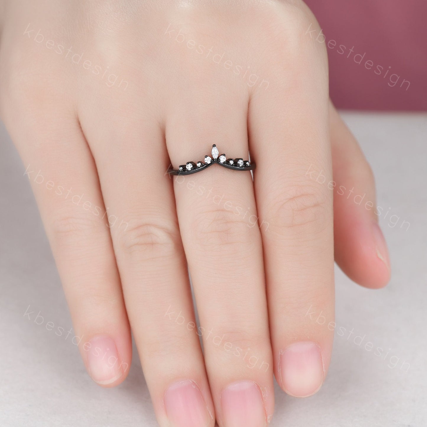 Curved moissanite wedding band black gold ring for women unique marquise cut stacking matching band delicate chevron ring anniversary ring