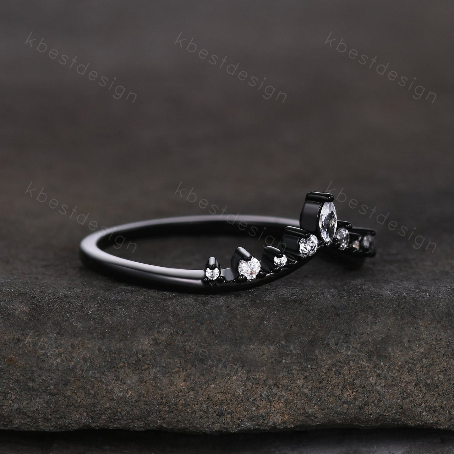 Curved moissanite wedding band black gold ring for women unique marquise cut stacking matching band delicate chevron ring anniversary ring