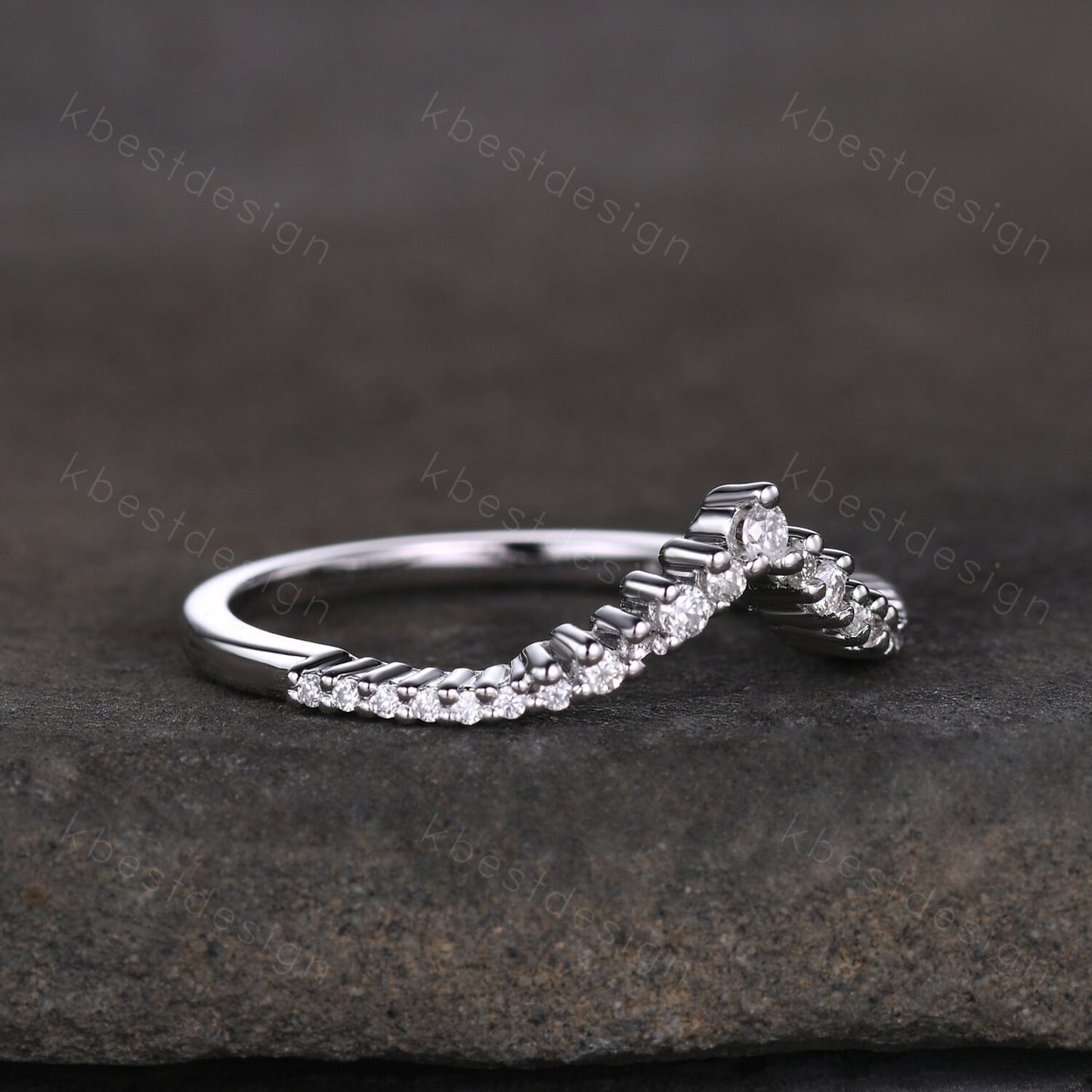 Unique curved moissanite wedding band dainty white gold band for women half eternity stacking matching band bridal anniversary band gift