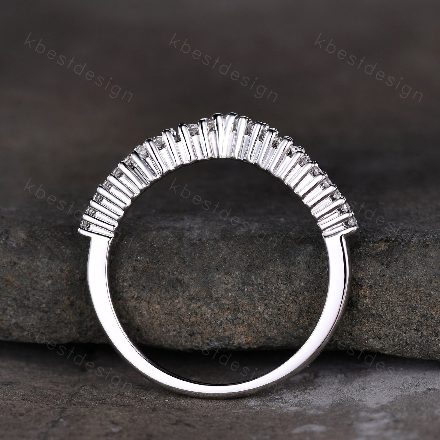 Unique curved moissanite wedding band dainty white gold band for women half eternity stacking matching band bridal anniversary band gift