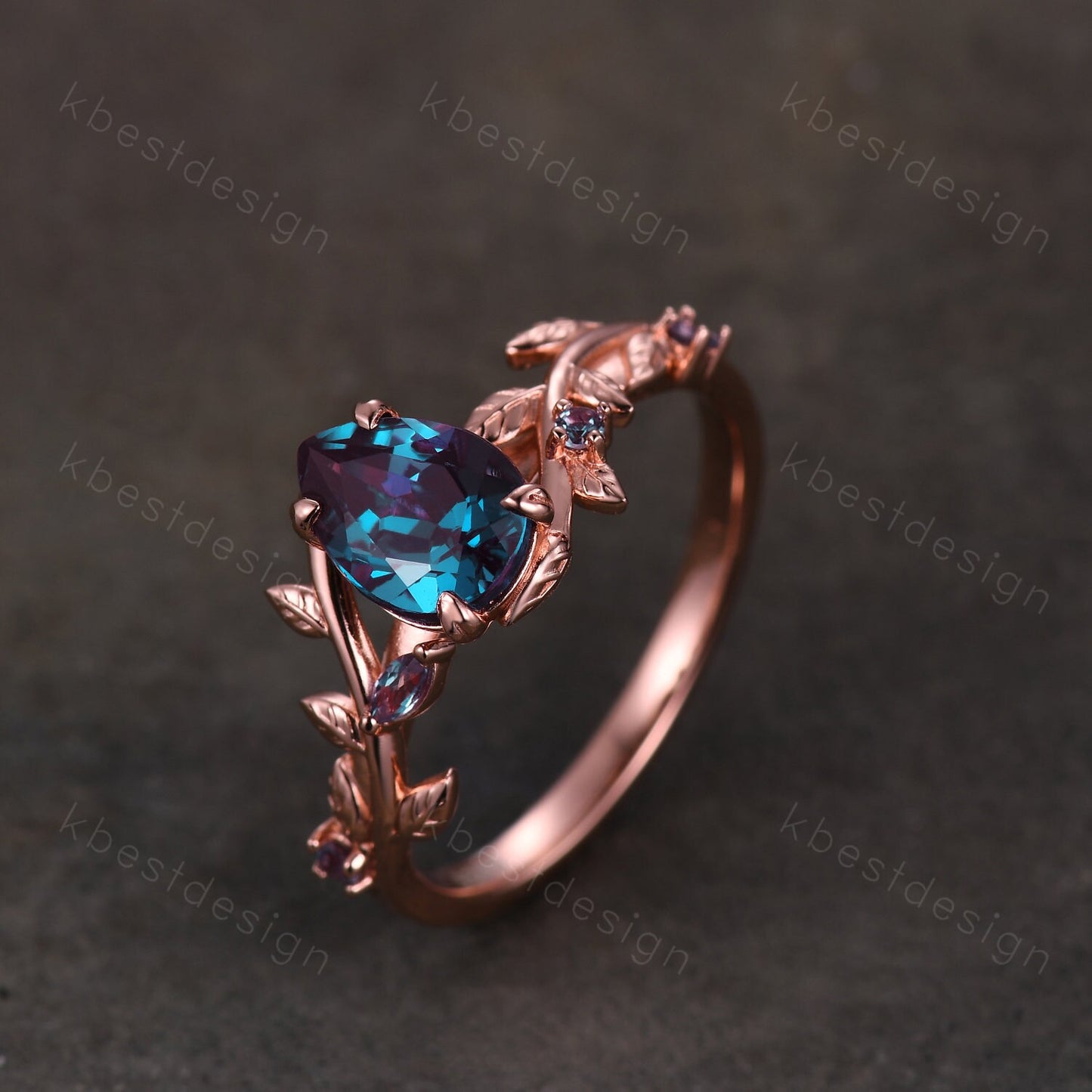 Vintage pear cut alexandrite engagement ring rose gold art deco leaf branch ring natural inspired ring unique bridal promise ring