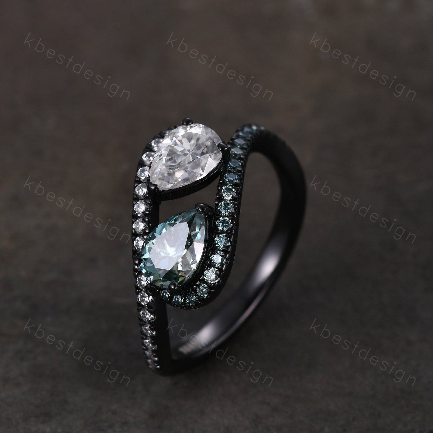Toi et Moi Ring, Pear Green Moissanite Engagement Ring, Infinity Black Gold Ring, Double Moissanite Ring, Two Stone Ring, Promise Ring