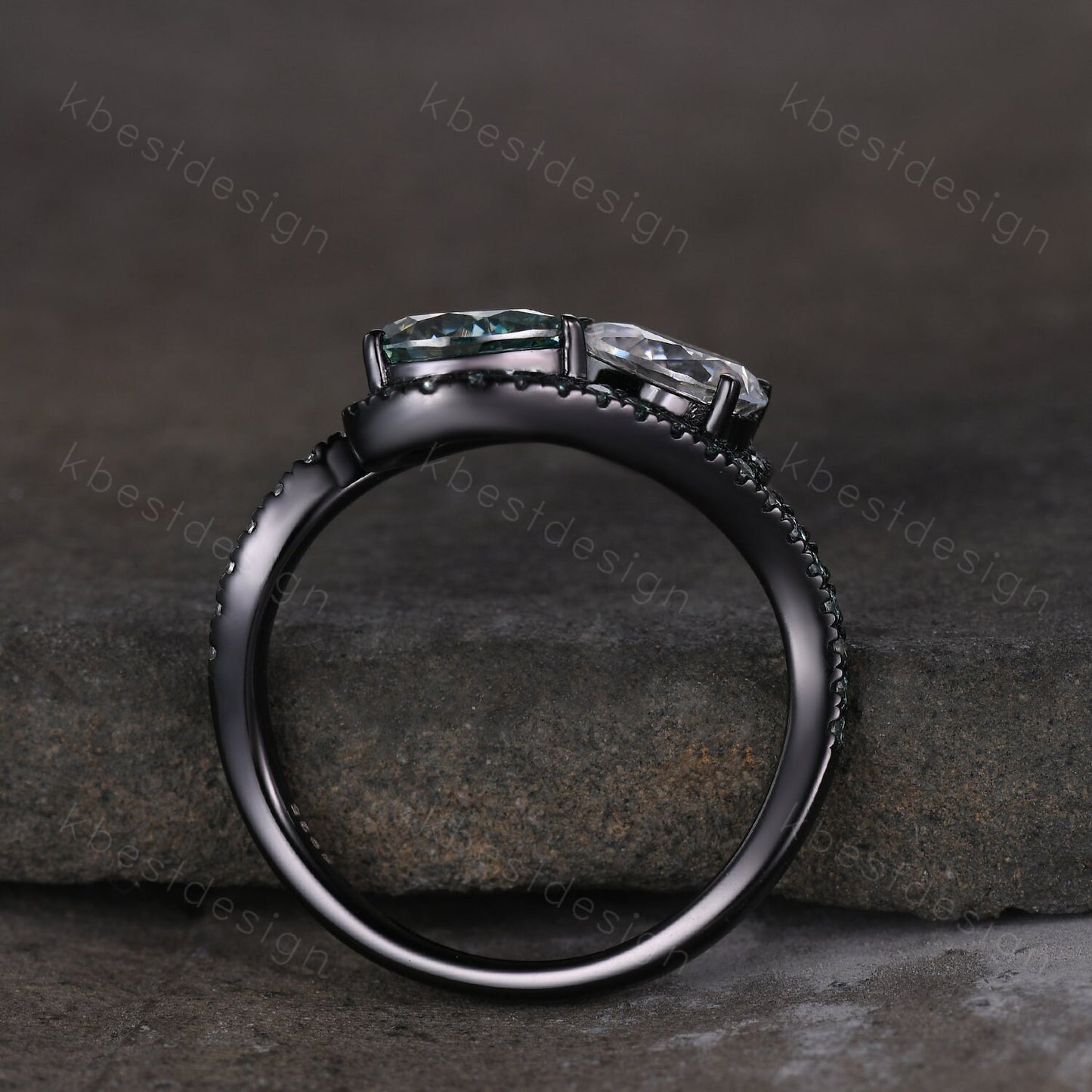 Toi et Moi Ring, Pear Green Moissanite Engagement Ring, Infinity Black Gold Ring, Double Moissanite Ring, Two Stone Ring, Promise Ring