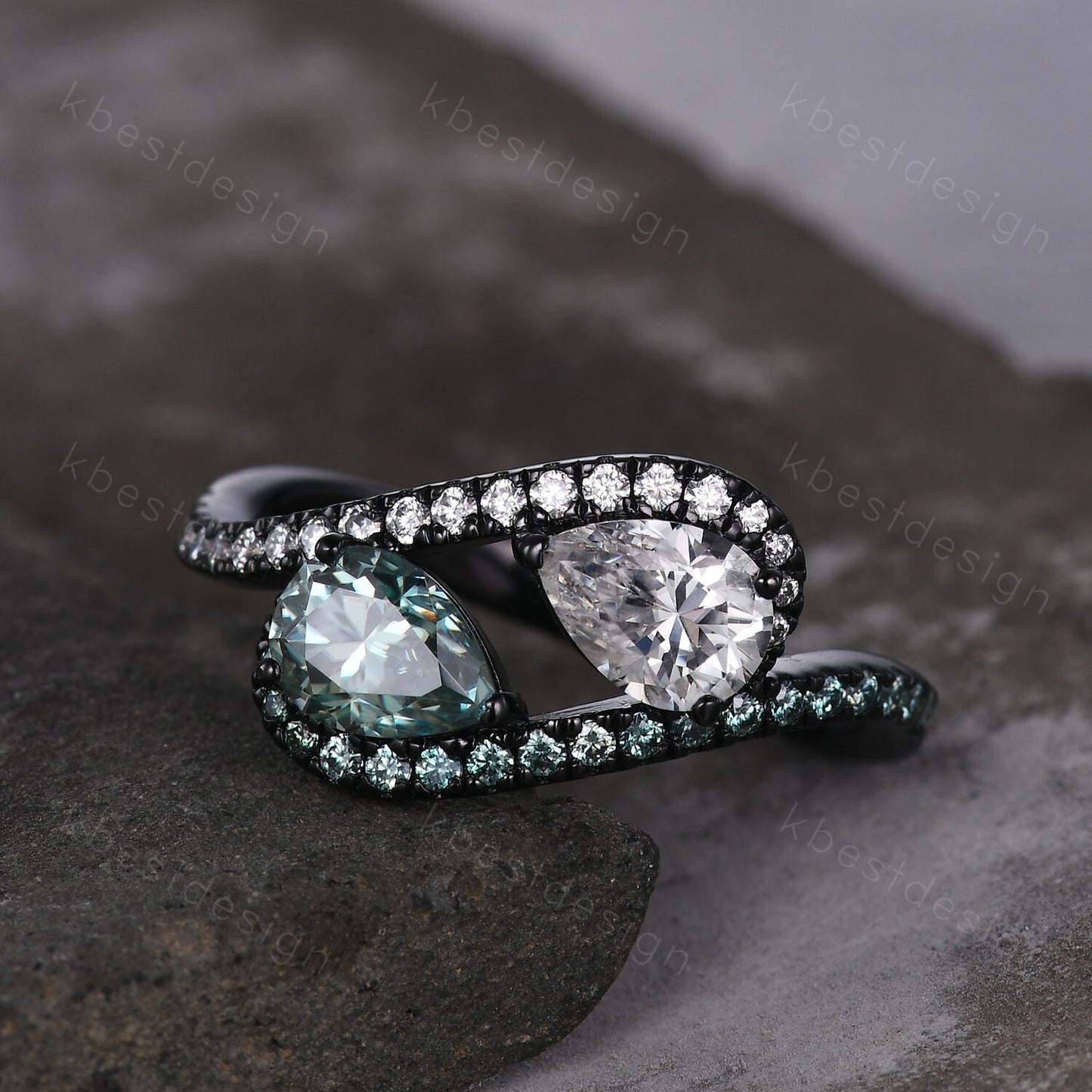 Toi et Moi Ring, Pear Green Moissanite Engagement Ring, Infinity Black Gold Ring, Double Moissanite Ring, Two Stone Ring, Promise Ring