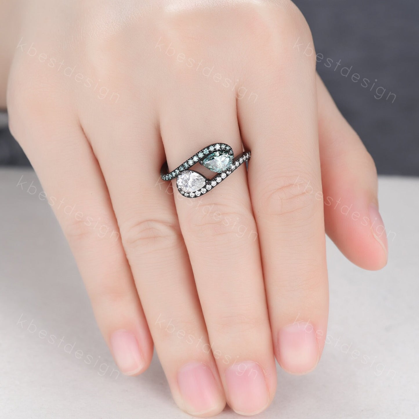 Toi et Moi Ring, Pear Green Moissanite Engagement Ring, Infinity Black Gold Ring, Double Moissanite Ring, Two Stone Ring, Promise Ring