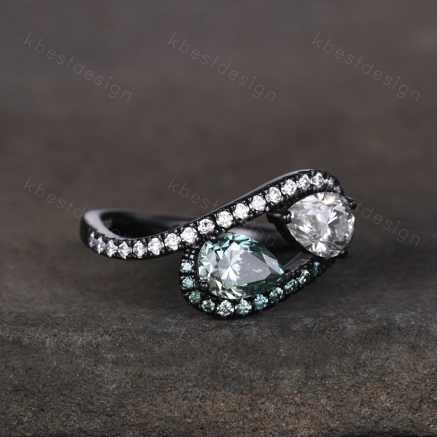 Toi et Moi Ring, Pear Green Moissanite Engagement Ring, Infinity Black Gold Ring, Double Moissanite Ring, Two Stone Ring, Promise Ring