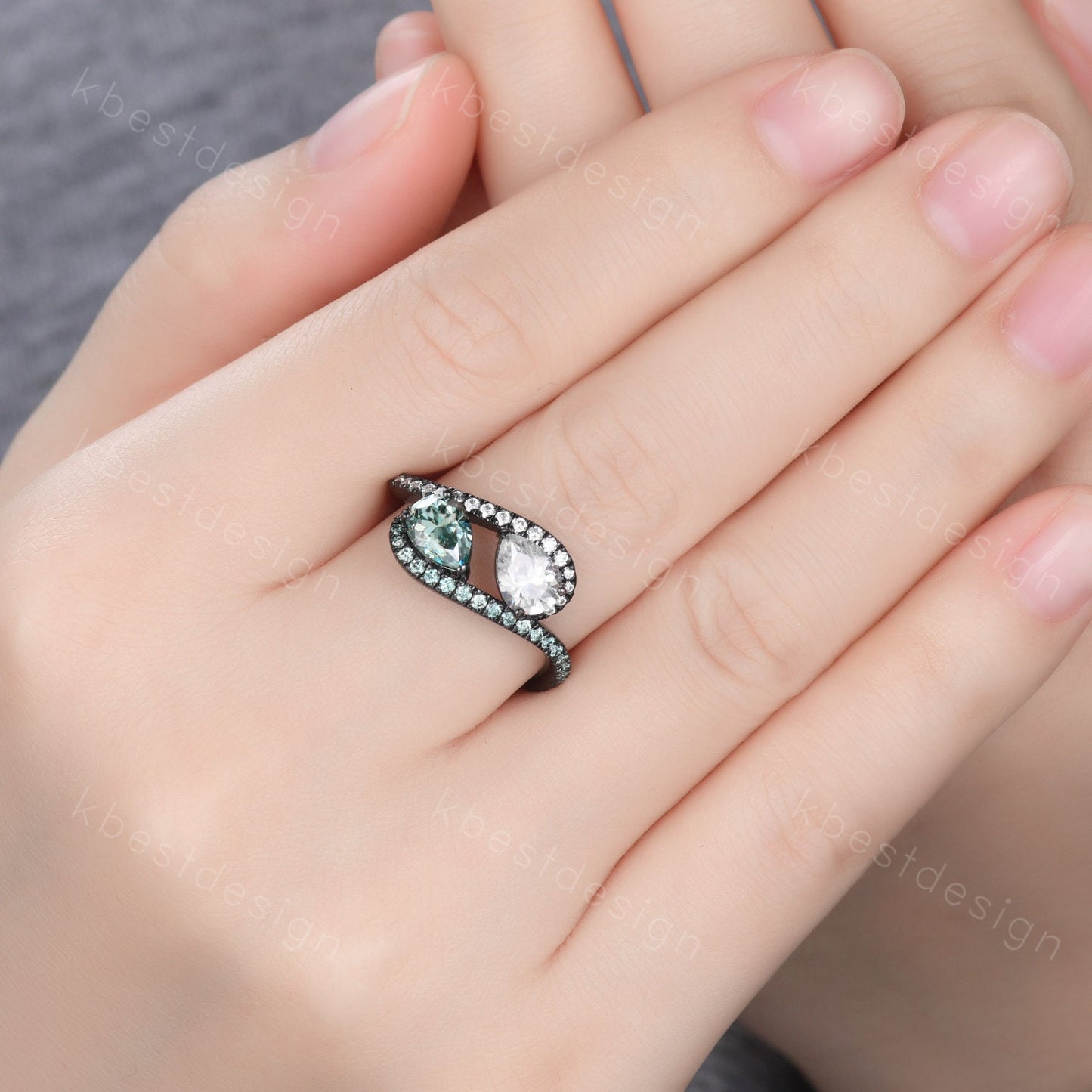 Toi et Moi Ring, Pear Green Moissanite Engagement Ring, Infinity Black Gold Ring, Double Moissanite Ring, Two Stone Ring, Promise Ring