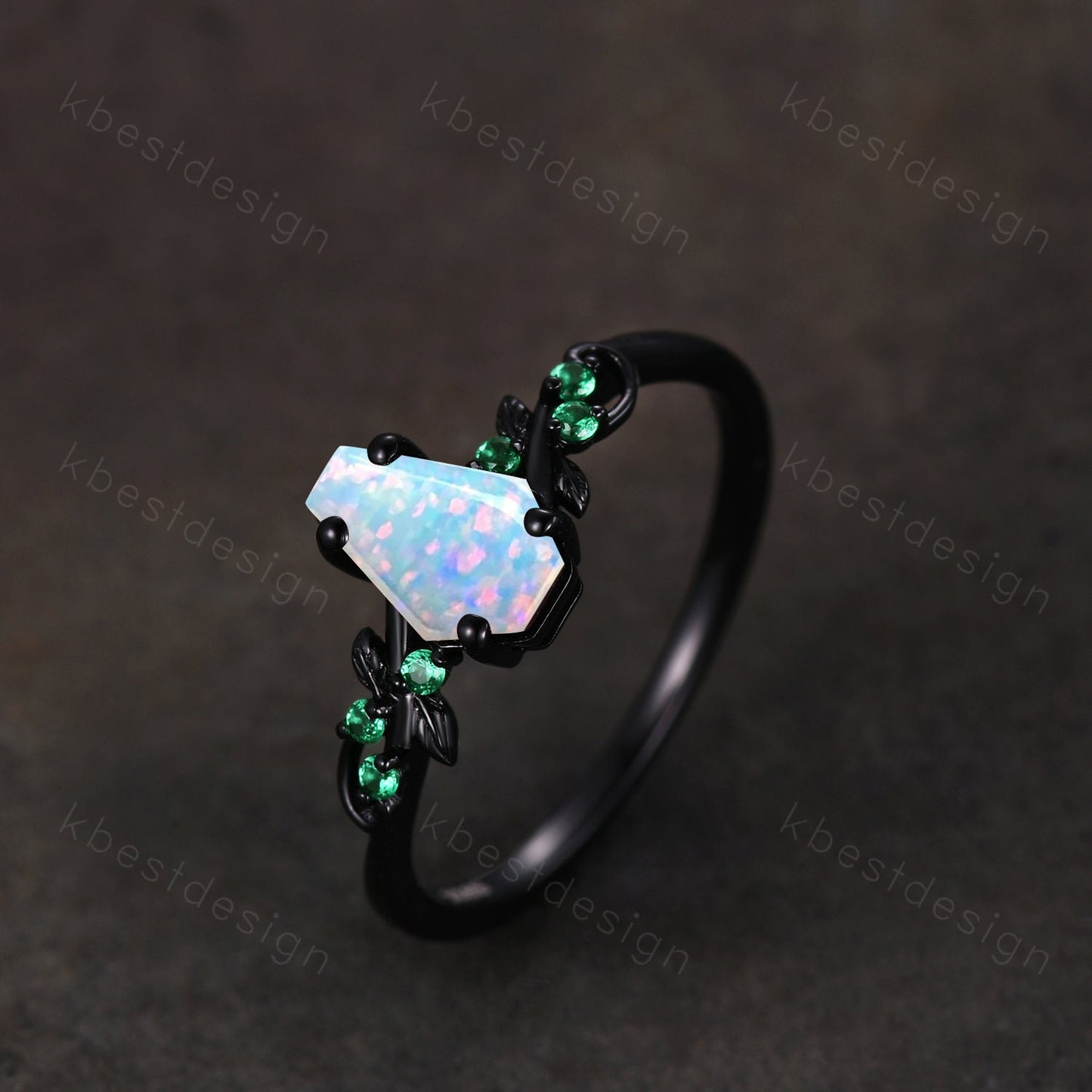 Coffin cut white opal engagement ring Black gold ring Art deco leaf design emerald wedding ring October birthstone bridal promise ring