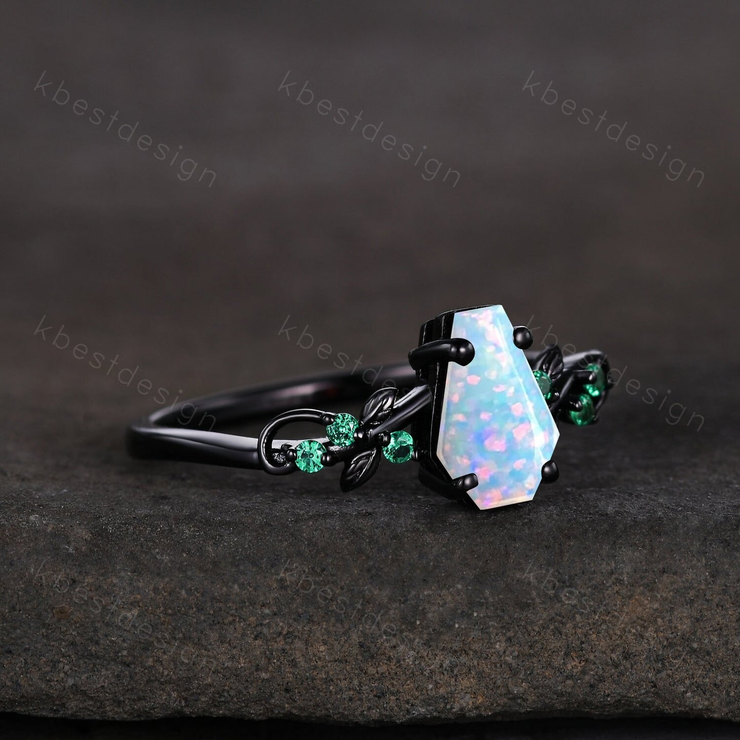 Coffin cut white opal engagement ring Black gold ring Art deco leaf design emerald wedding ring October birthstone bridal promise ring