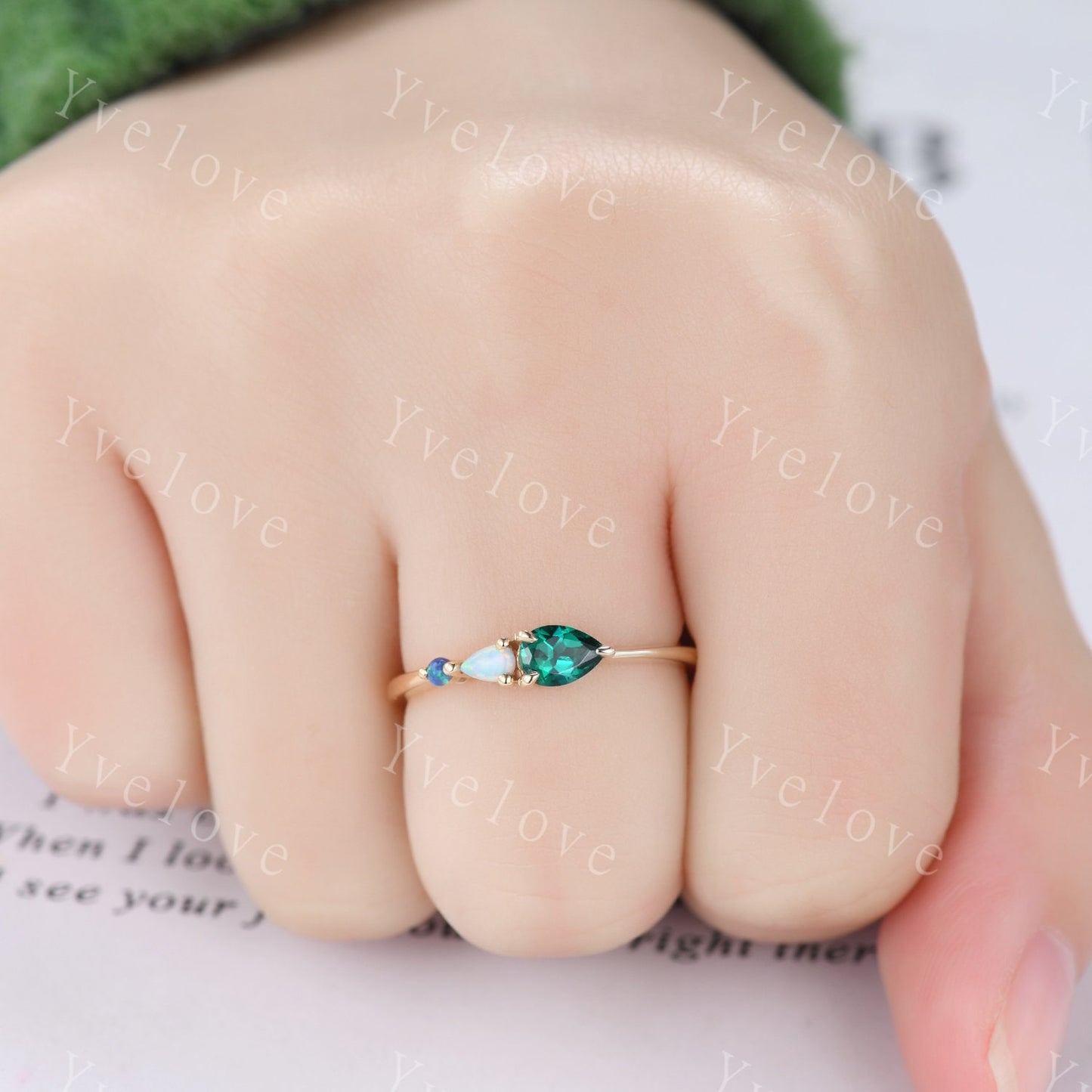 Vintage Emerald Opal Engagement Ring,Pear Cut Gems,Art Deco Black Opal Wedding Band,3 Stone Unique Women Bridal Promise Ring,Customized Gift