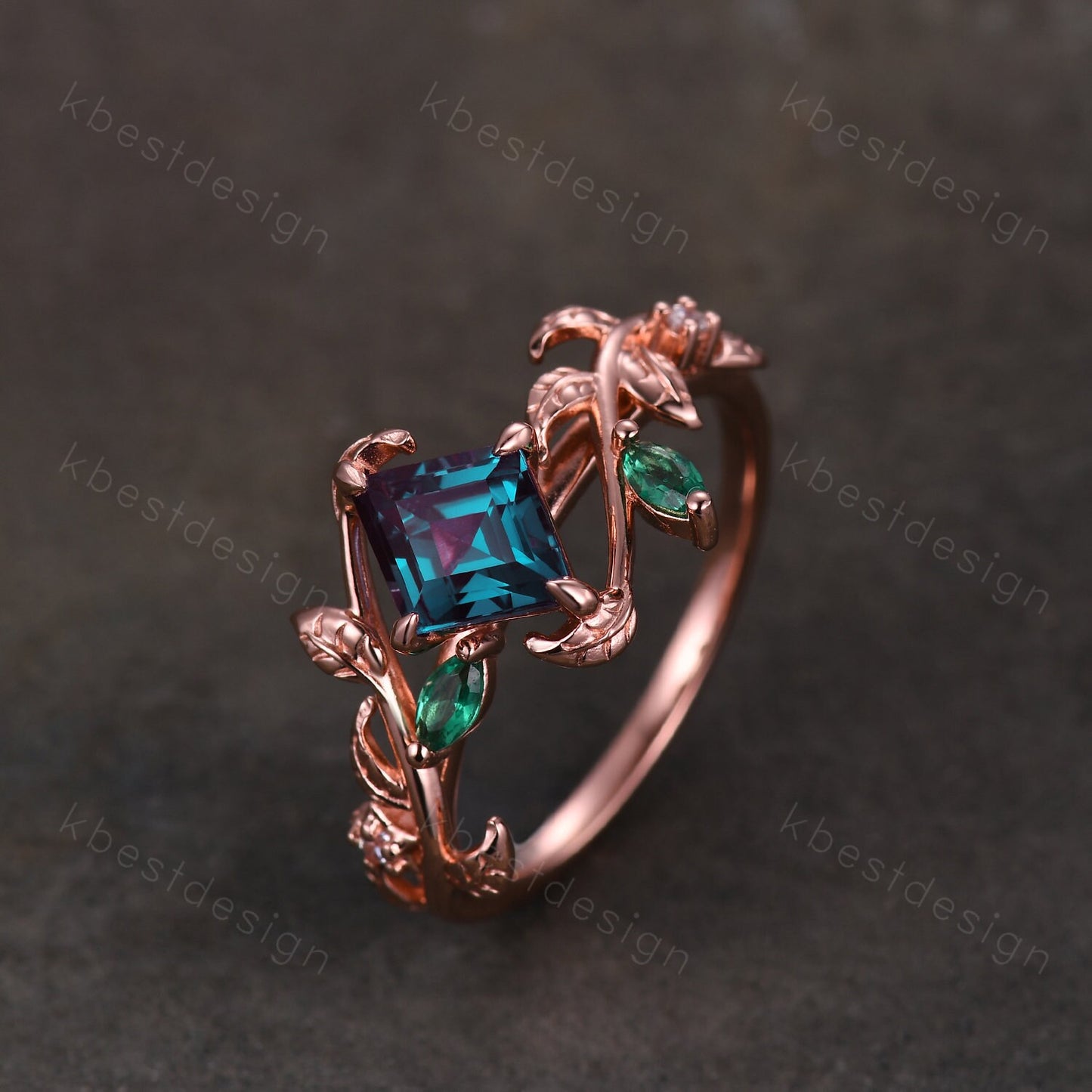 Lozenge cut Alexandrite engagement ring rose gold Art deco leaf design ring marquise cut emerald ring unique twig branch ring promise ring