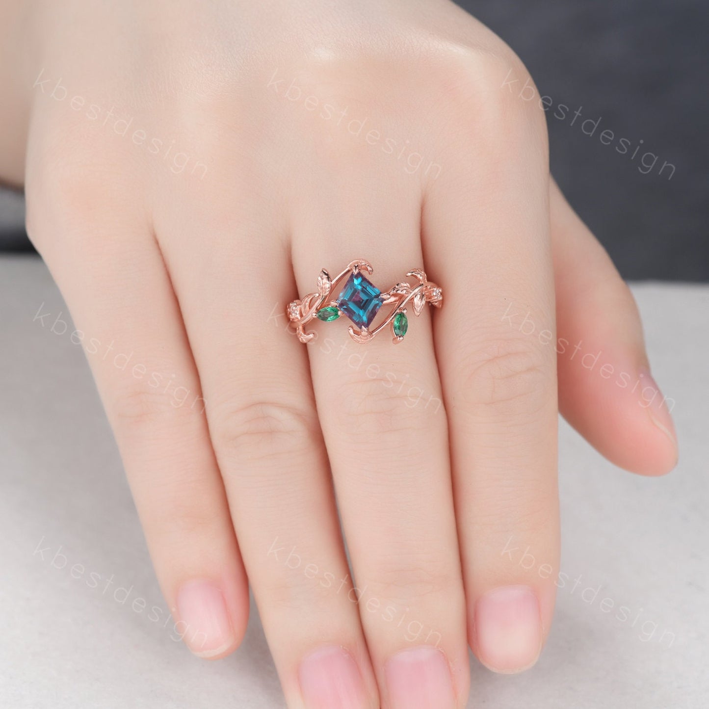 Lozenge cut Alexandrite engagement ring rose gold Art deco leaf design ring marquise cut emerald ring unique twig branch ring promise ring