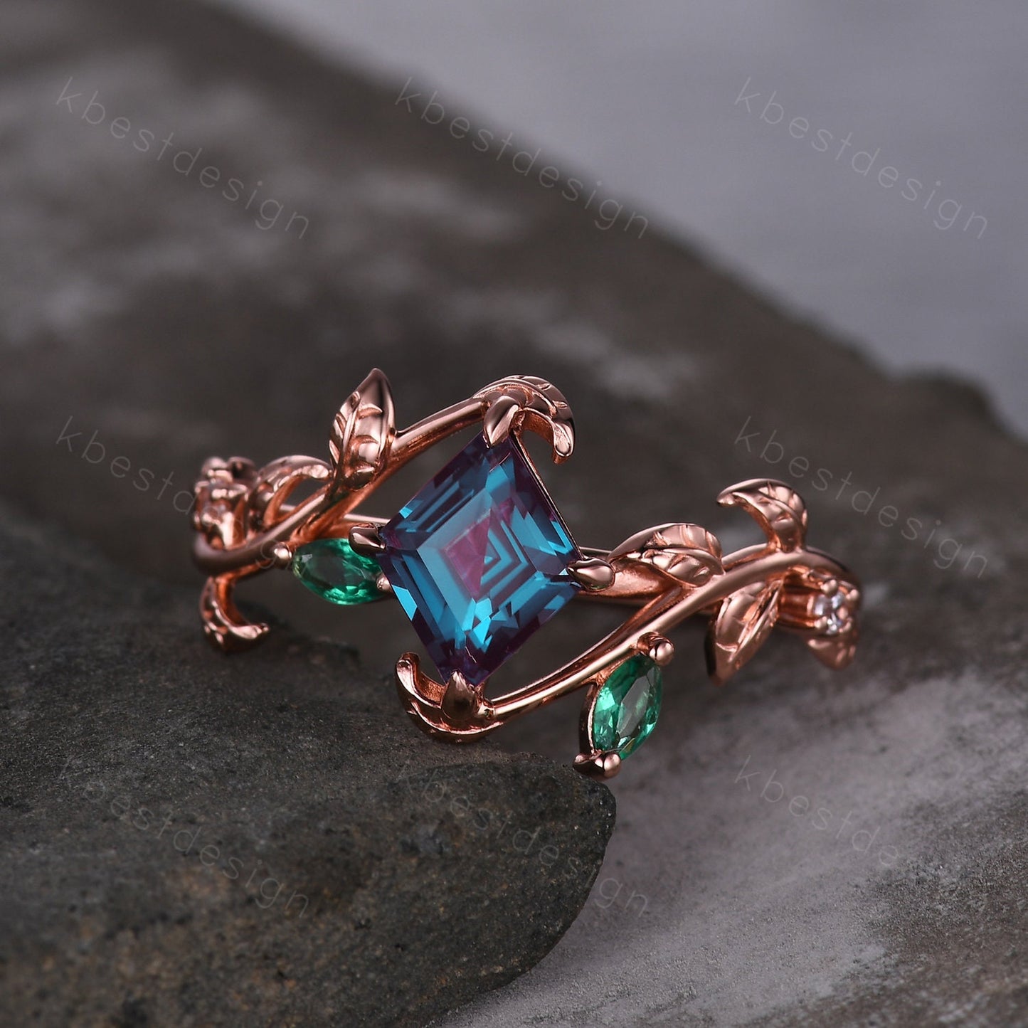 Lozenge cut Alexandrite engagement ring rose gold Art deco leaf design ring marquise cut emerald ring unique twig branch ring promise ring