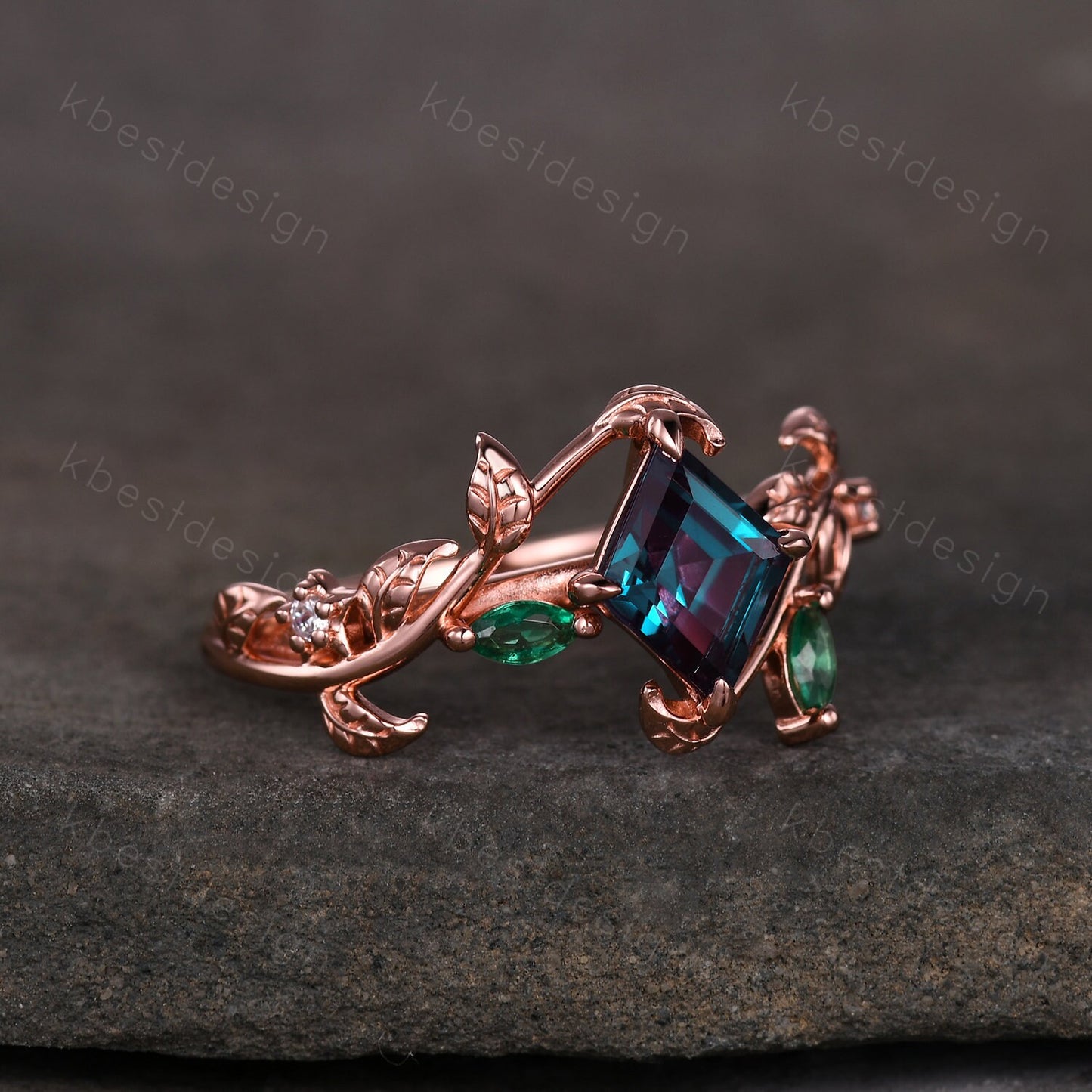 Lozenge cut Alexandrite engagement ring rose gold Art deco leaf design ring marquise cut emerald ring unique twig branch ring promise ring