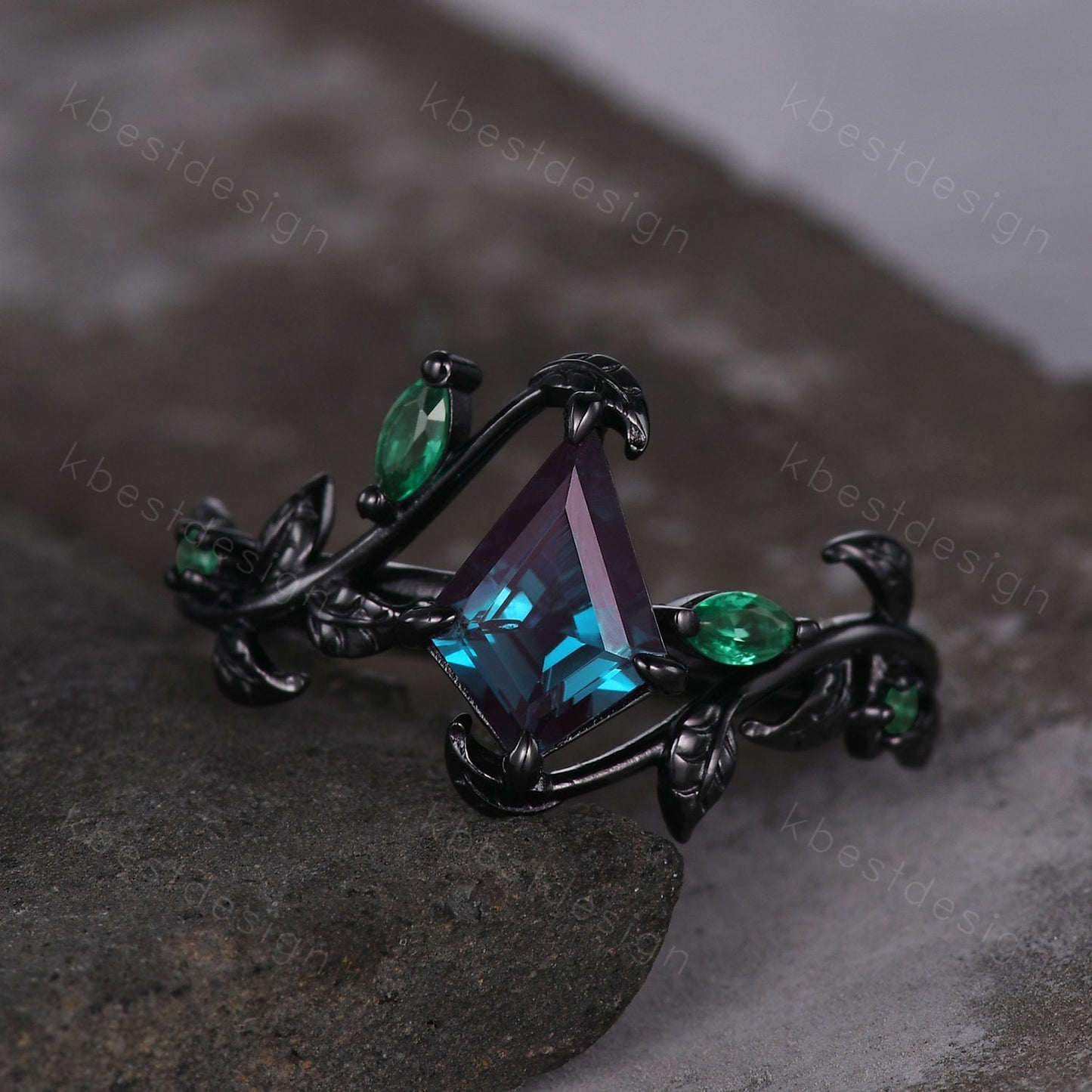 Kite cut Alexandrite engagement ring black gold ring Art deco twig leaf ring unique marquise cut emerald wedding ring bridal promise ring