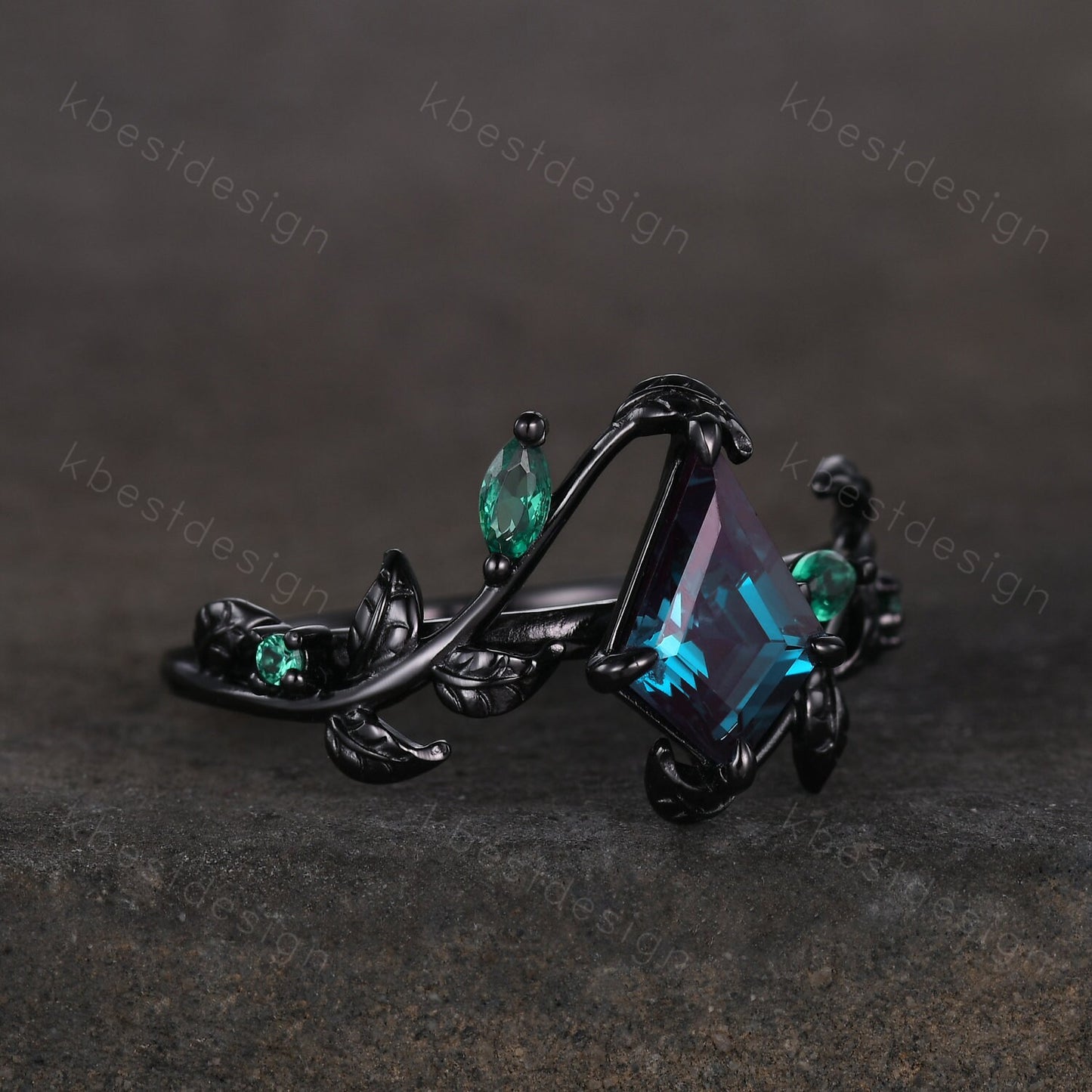 Kite cut Alexandrite engagement ring black gold ring Art deco twig leaf ring unique marquise cut emerald wedding ring bridal promise ring