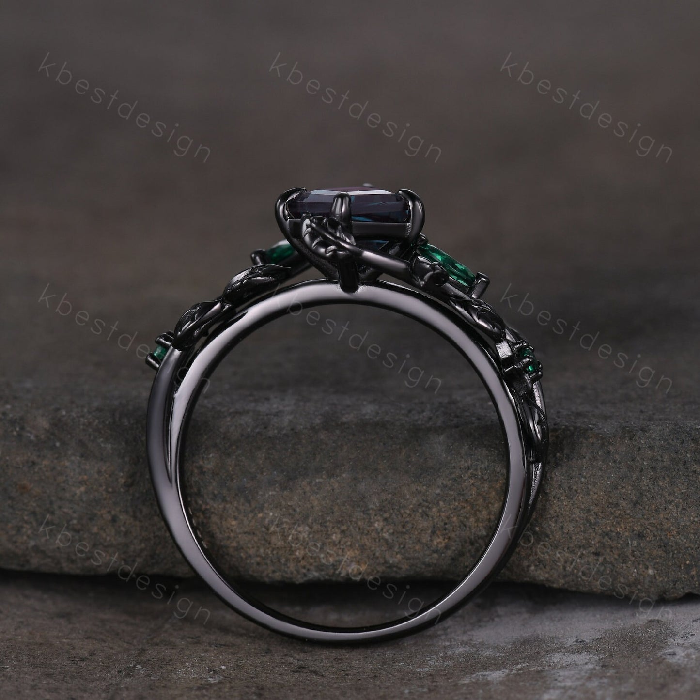 Kite cut Alexandrite engagement ring black gold ring Art deco twig leaf ring unique marquise cut emerald wedding ring bridal promise ring