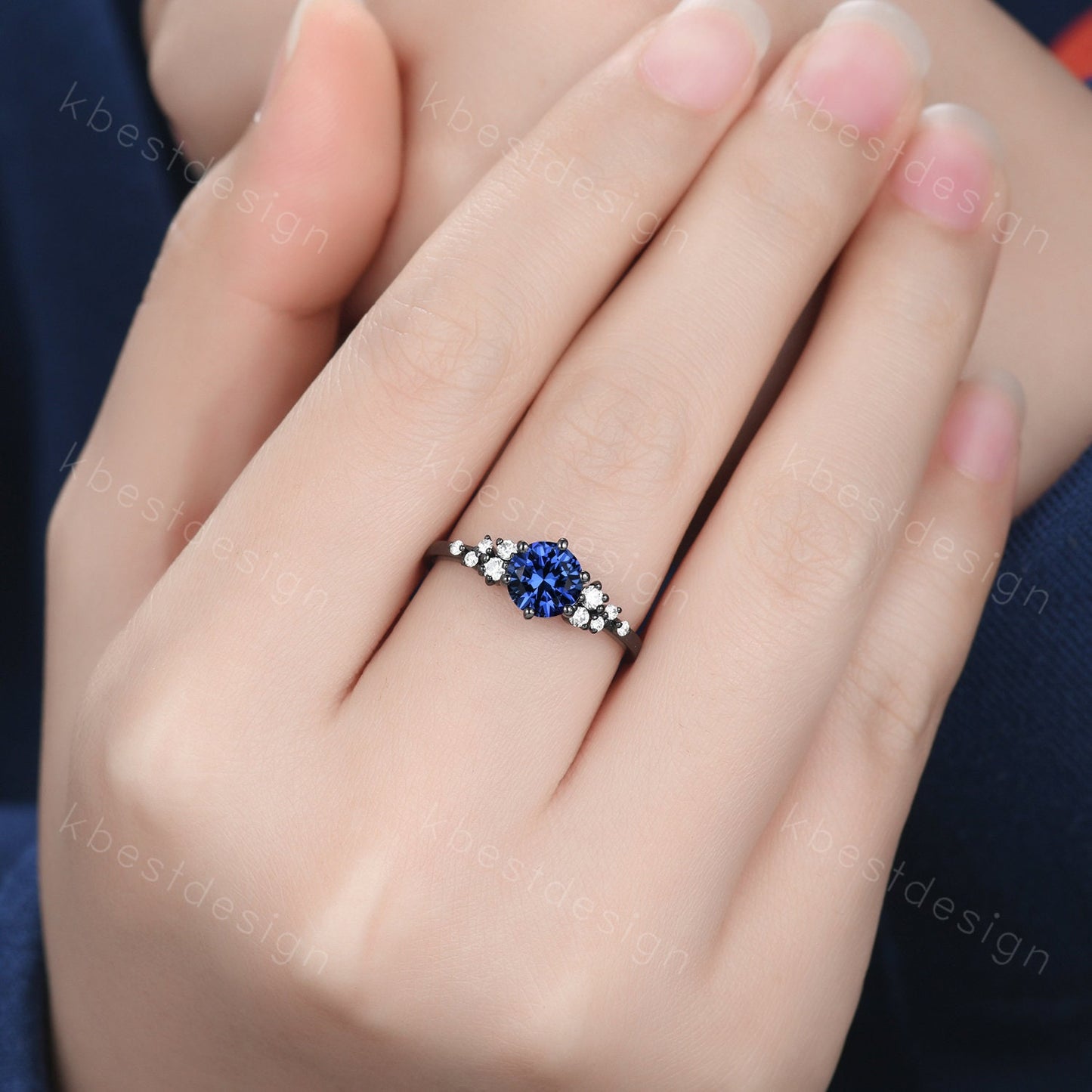 1ct round cut blue sapphire engagement ring unique black gold moissanite ring for women art deco cluster wedding ring bridal promise ring