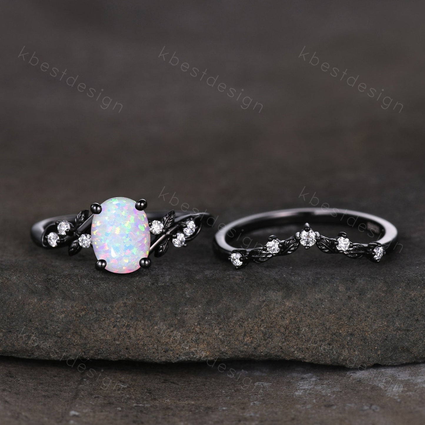 Vintage oval white opal engagement ring set black gold twig leaf moissanite ring nature branch ring unique art deco bridal wedding ring set