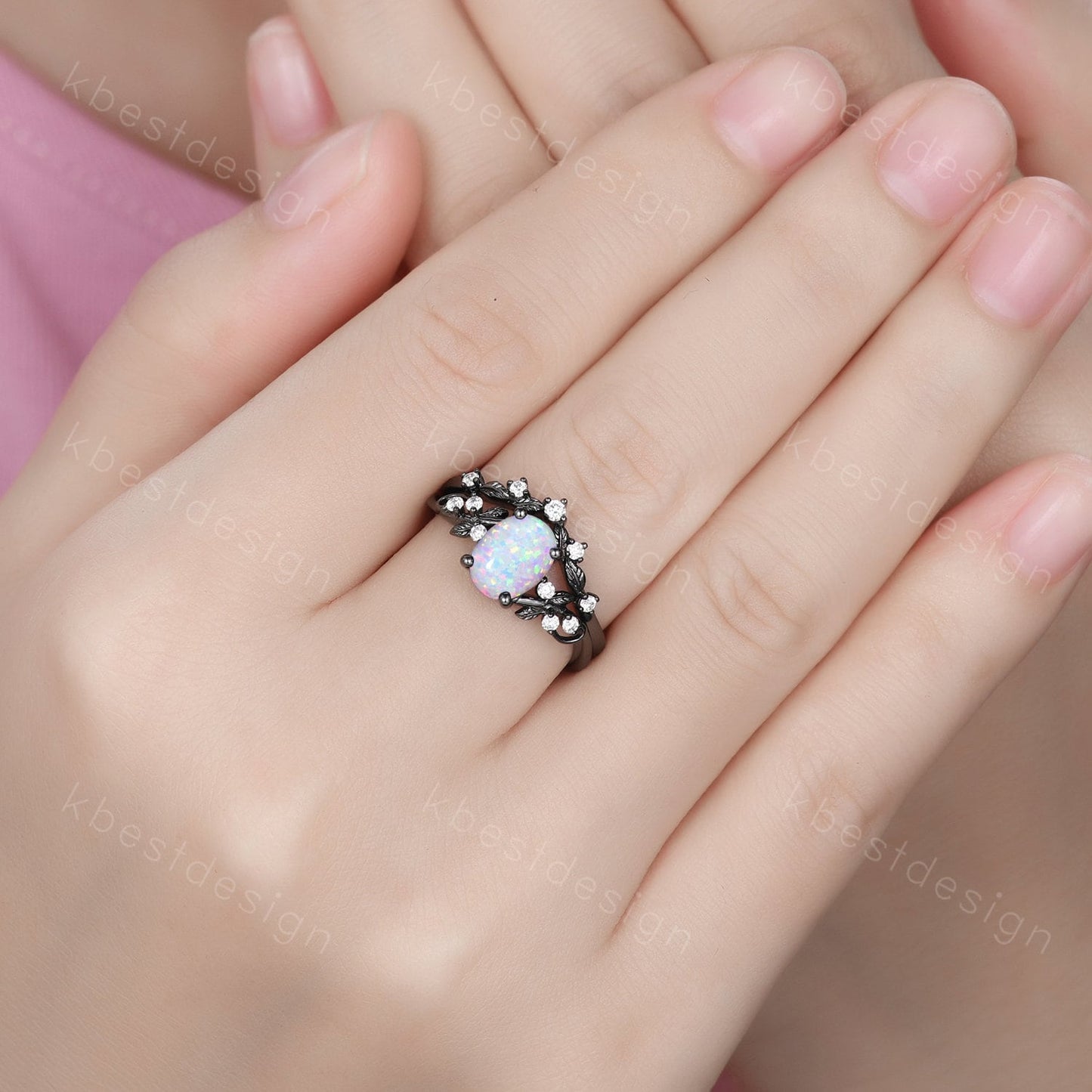 Vintage oval white opal engagement ring set black gold twig leaf moissanite ring nature branch ring unique art deco bridal wedding ring set