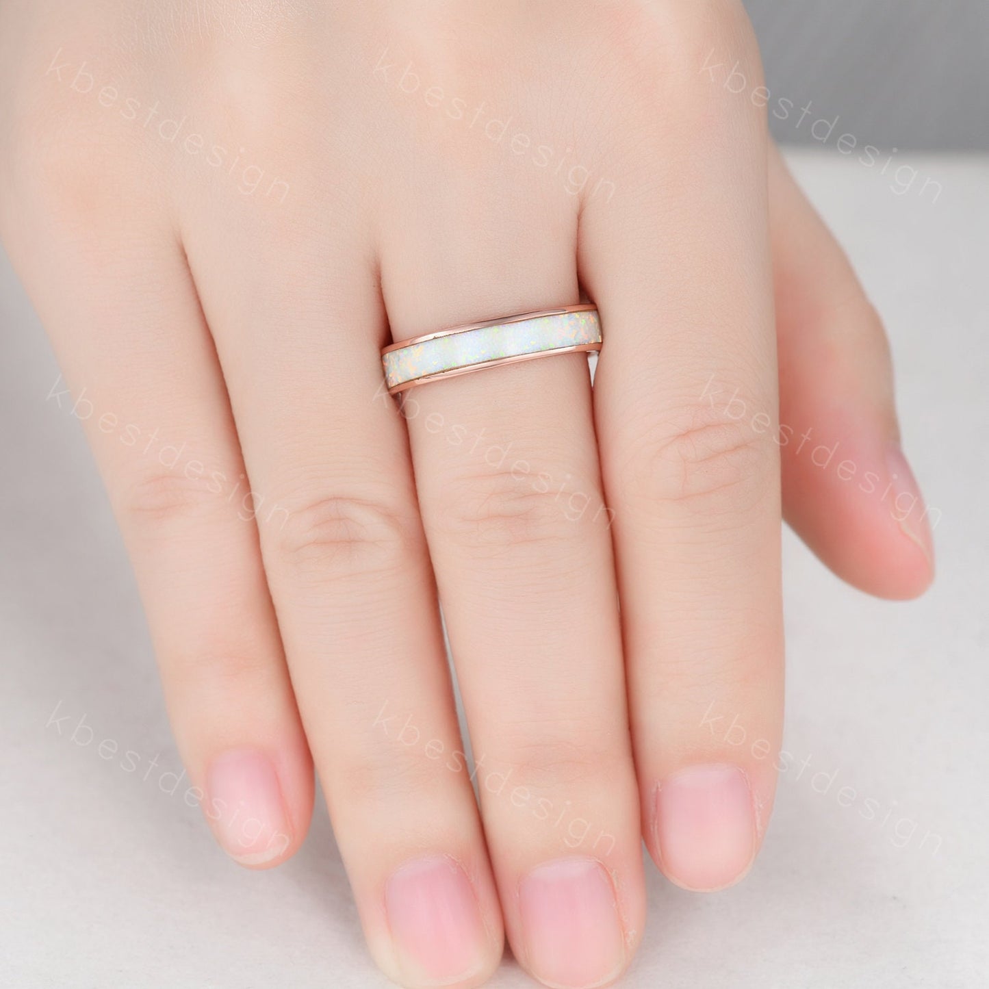 Vintage White Fire Opal Inlay 4mm Wedding Band Rose Gold Eternity Band Opal Wedding Ring For Men For Women October Ring Anniversary Ring