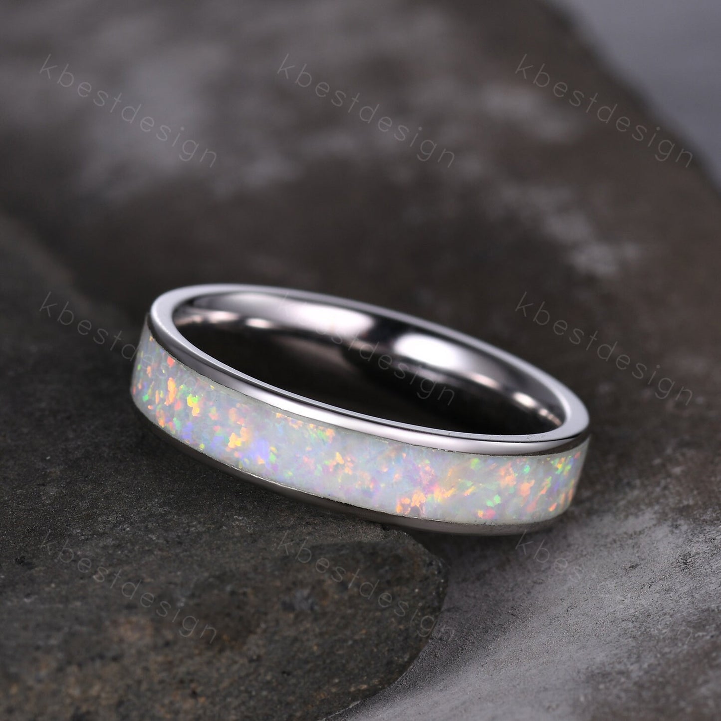 Vintage White Fire Opal Inlay 4mm Wedding Band Rose Gold Eternity Band Opal Wedding Ring For Men For Women October Ring Anniversary Ring