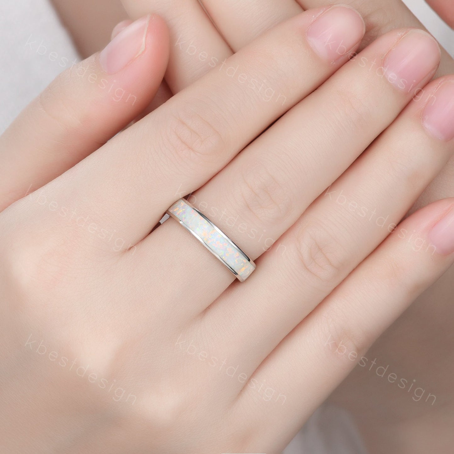 Vintage White Fire Opal Inlay 4mm Wedding Band Rose Gold Eternity Band Opal Wedding Ring For Men For Women October Ring Anniversary Ring