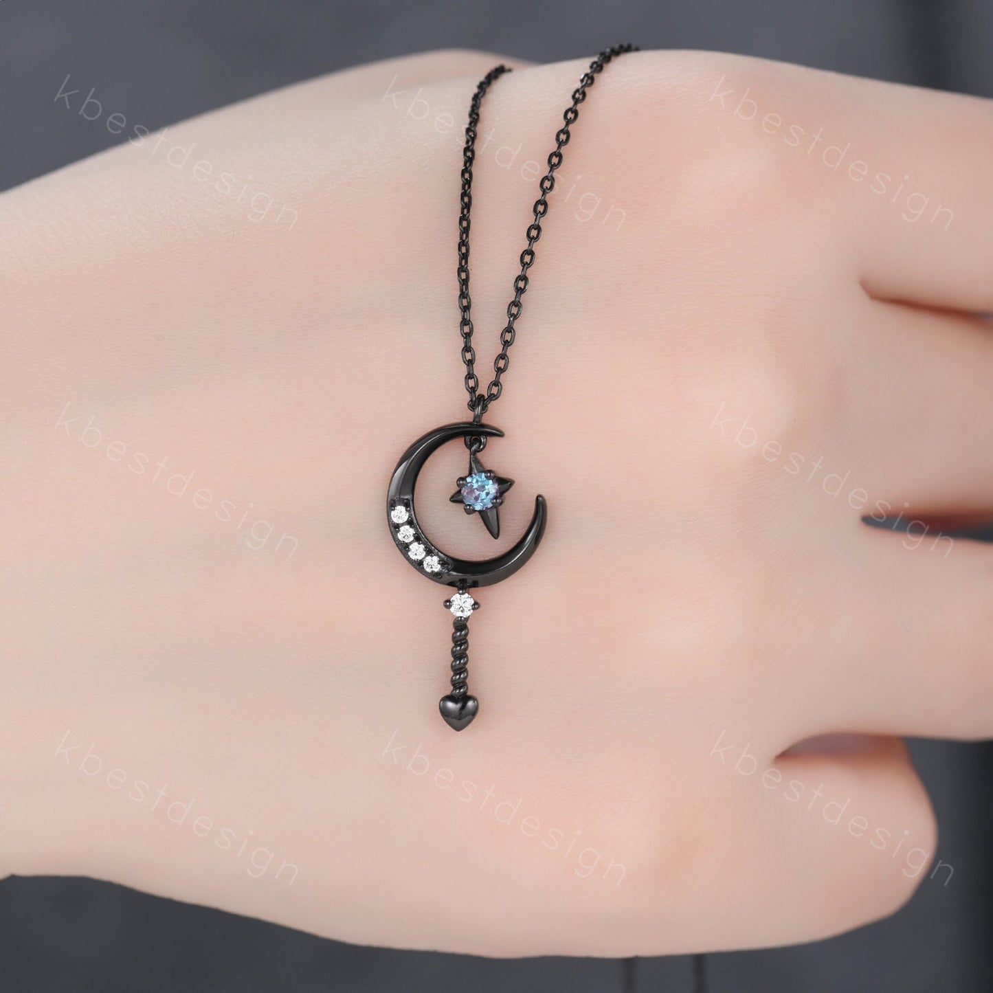Unique Moon Star Necklace Black Gold Moissanite Necklace Starry Sky Alexandrite Pendant Necklace for Women Art Deco Celestial Promise Gift