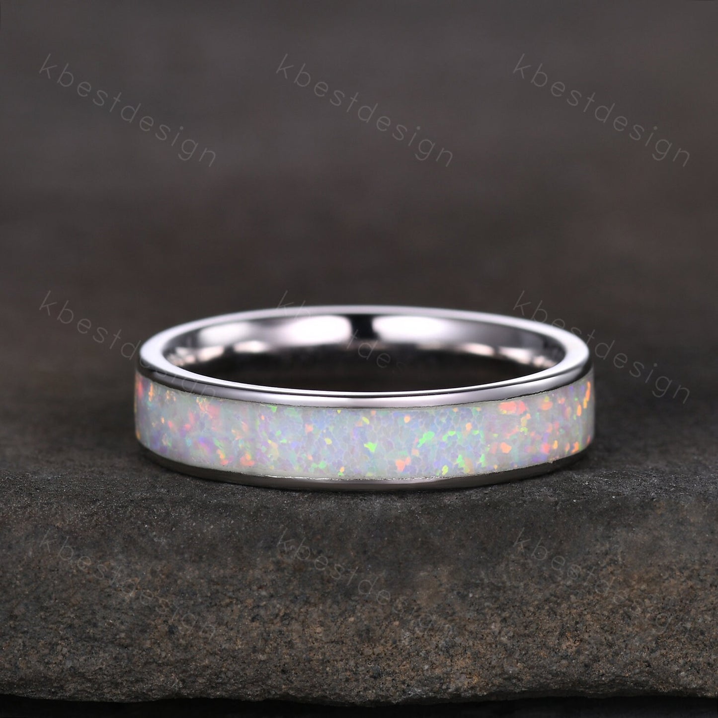 Vintage White Fire Opal Wedding Band 4mm Opal Stacking Band Silver Eternity Band Opal Wedding Ring For Women October Ring Anniversary Gift