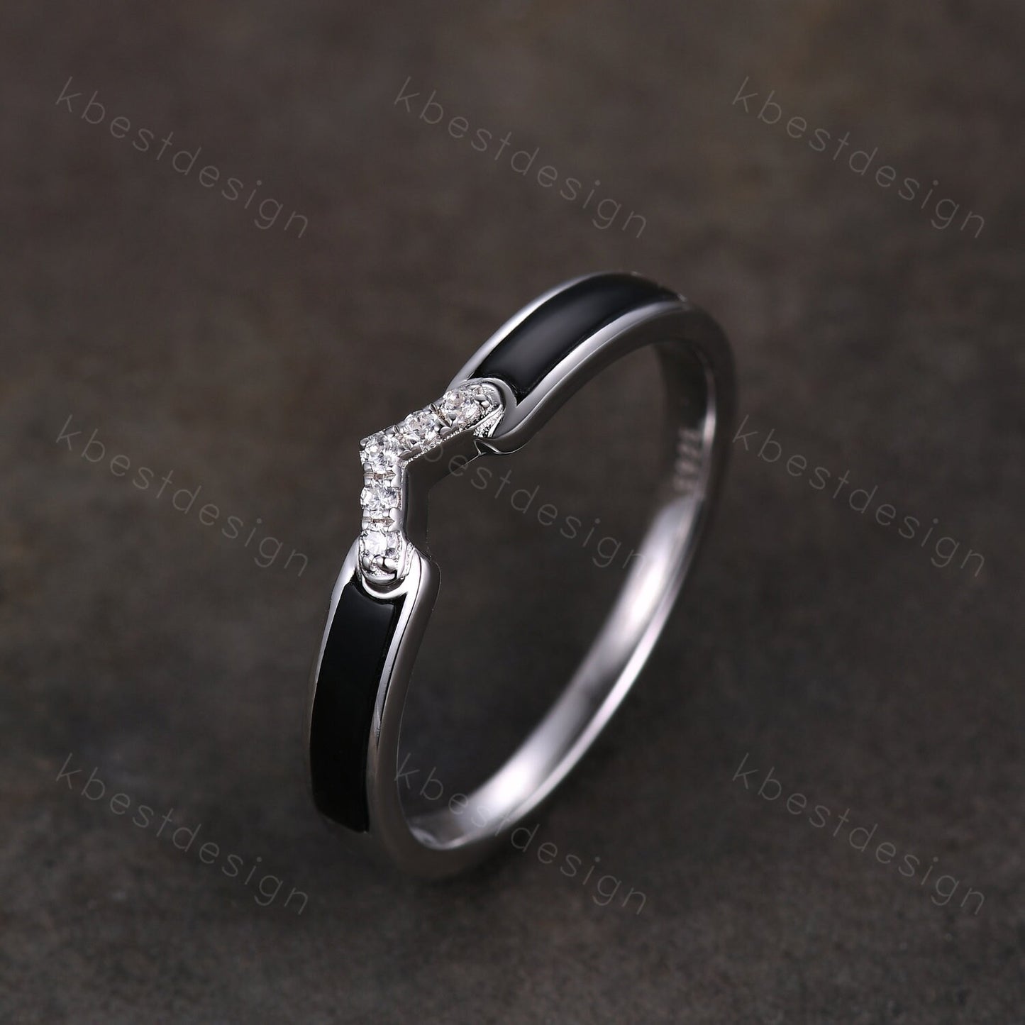 Curved Black Onyx Wedding Band Silver White Gold Ring Unique V Curved Stacking Matching Band Half Eternity Band Anniversary Gift for Her