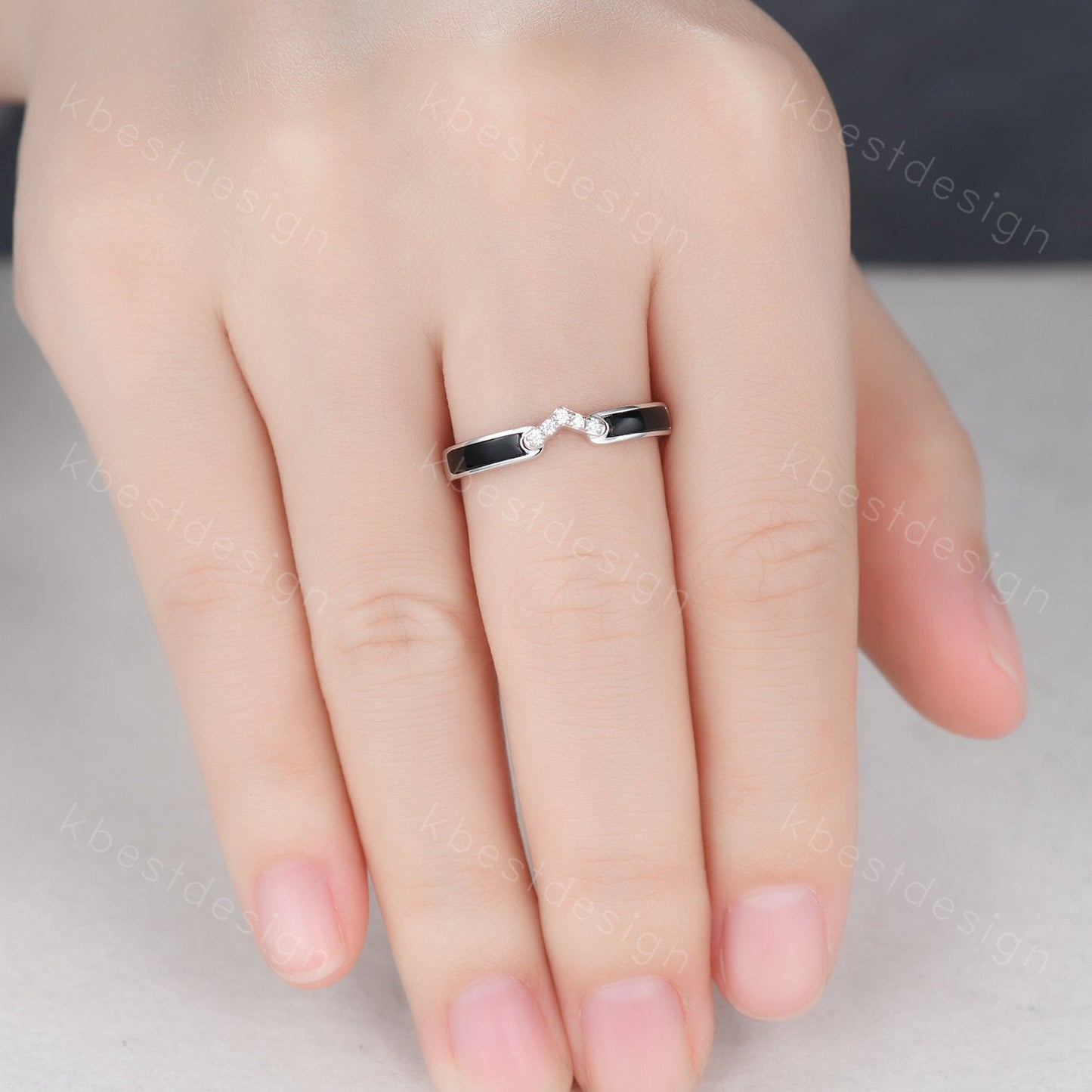 Curved Black Onyx Wedding Band Silver White Gold Ring Unique V Curved Stacking Matching Band Half Eternity Band Anniversary Gift for Her
