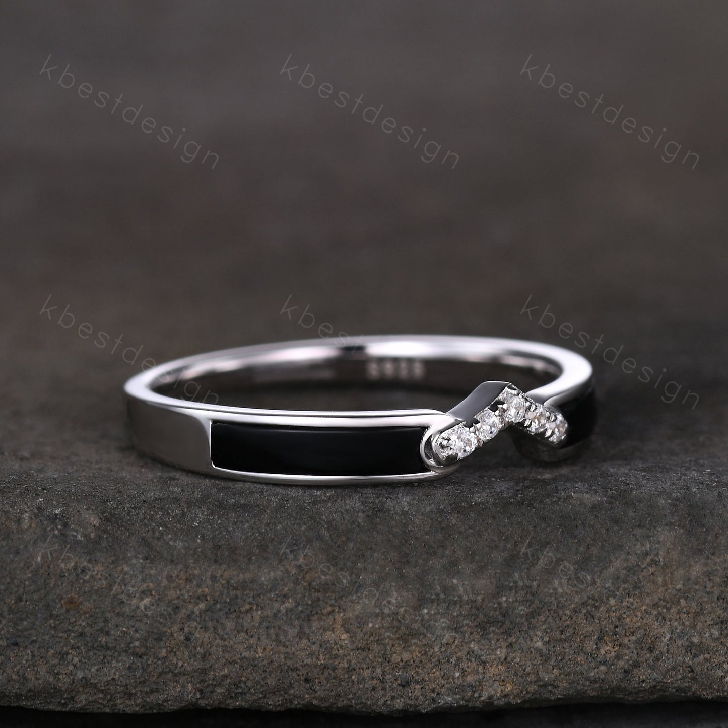 Curved Black Onyx Wedding Band Silver White Gold Ring Unique V Curved Stacking Matching Band Half Eternity Band Anniversary Gift for Her