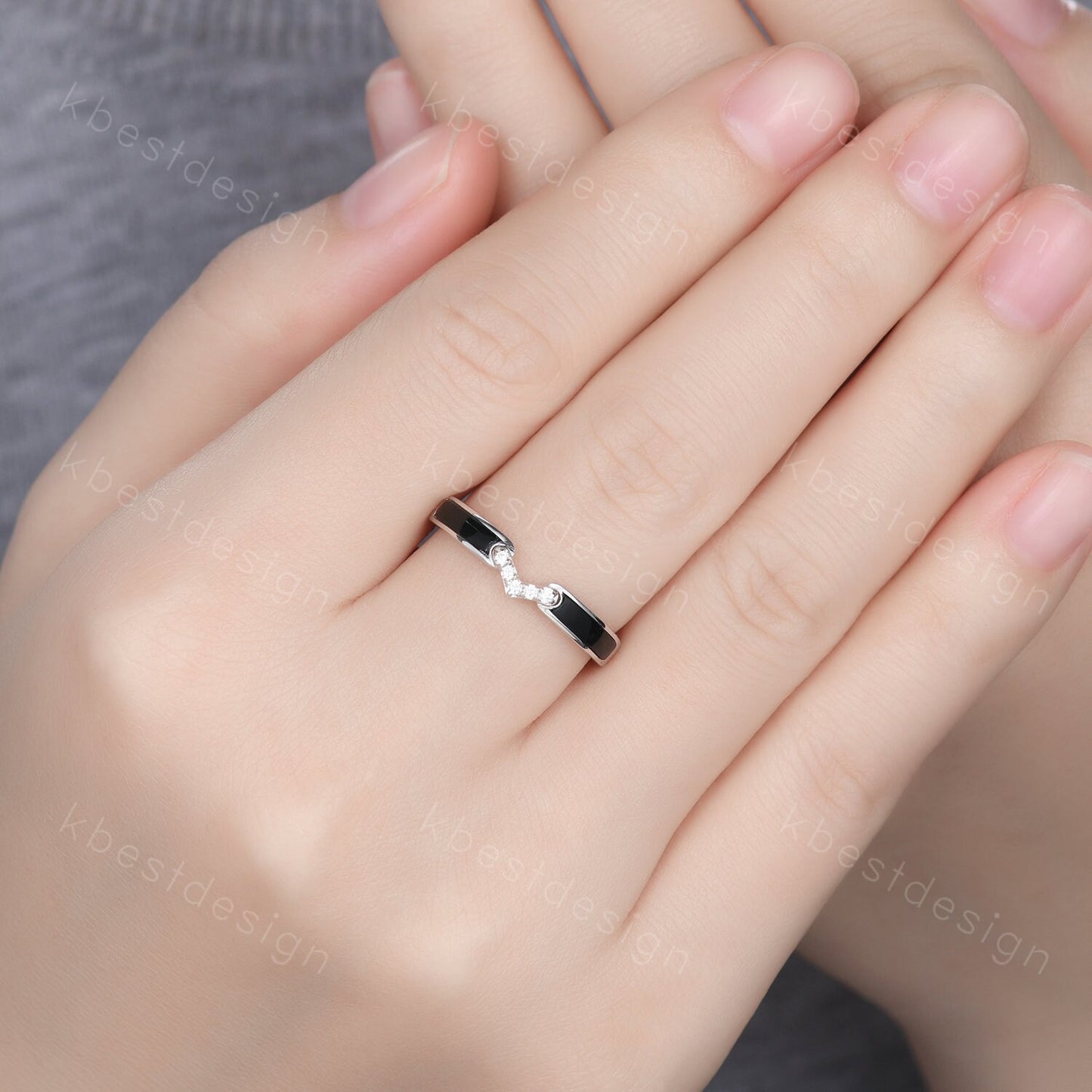 Curved Black Onyx Wedding Band Silver White Gold Ring Unique V Curved Stacking Matching Band Half Eternity Band Anniversary Gift for Her