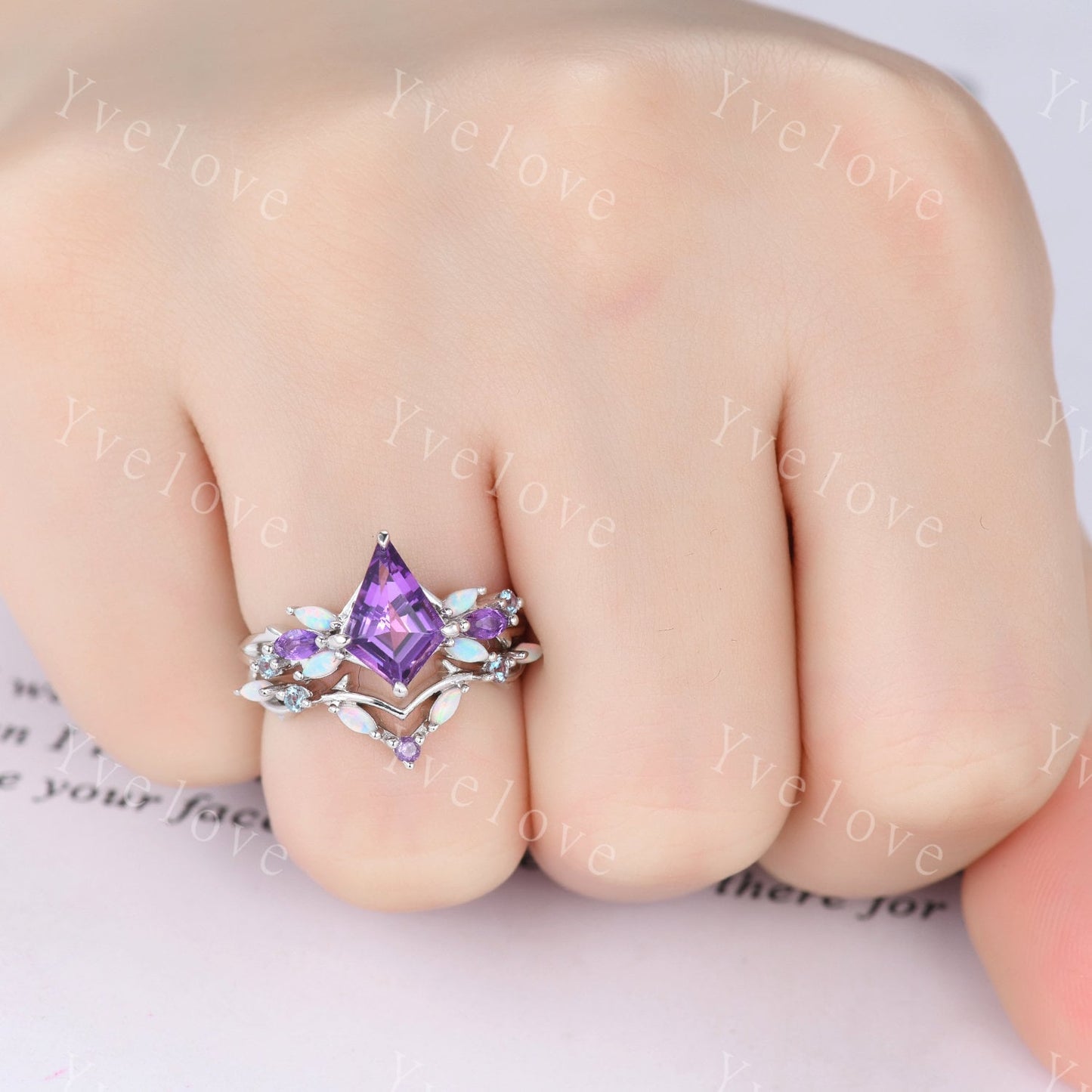 Vintage Kite Amethyst Engagement Ring,Sterling Silver,Vines Amethyst Opal Ring,Women Bridal Set,Unique Twig Anniversary Promise Ring Gift