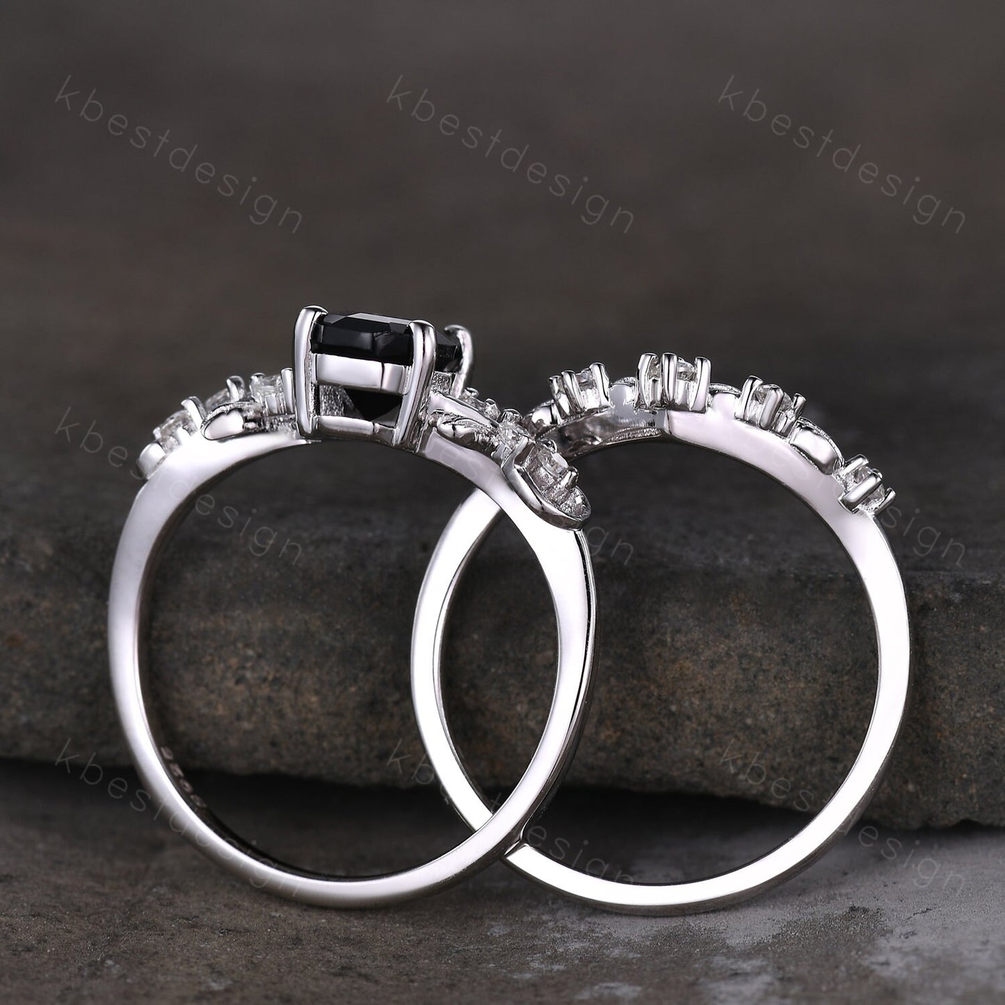 Vintage coffin cut black onyx engagement ring set silver twig leaf moissanite ring nature branch ring unique bridal wedding ring set