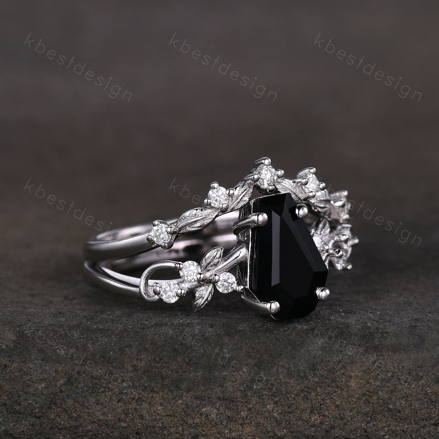 Vintage coffin cut black onyx engagement ring set silver twig leaf moissanite ring nature branch ring unique bridal wedding ring set